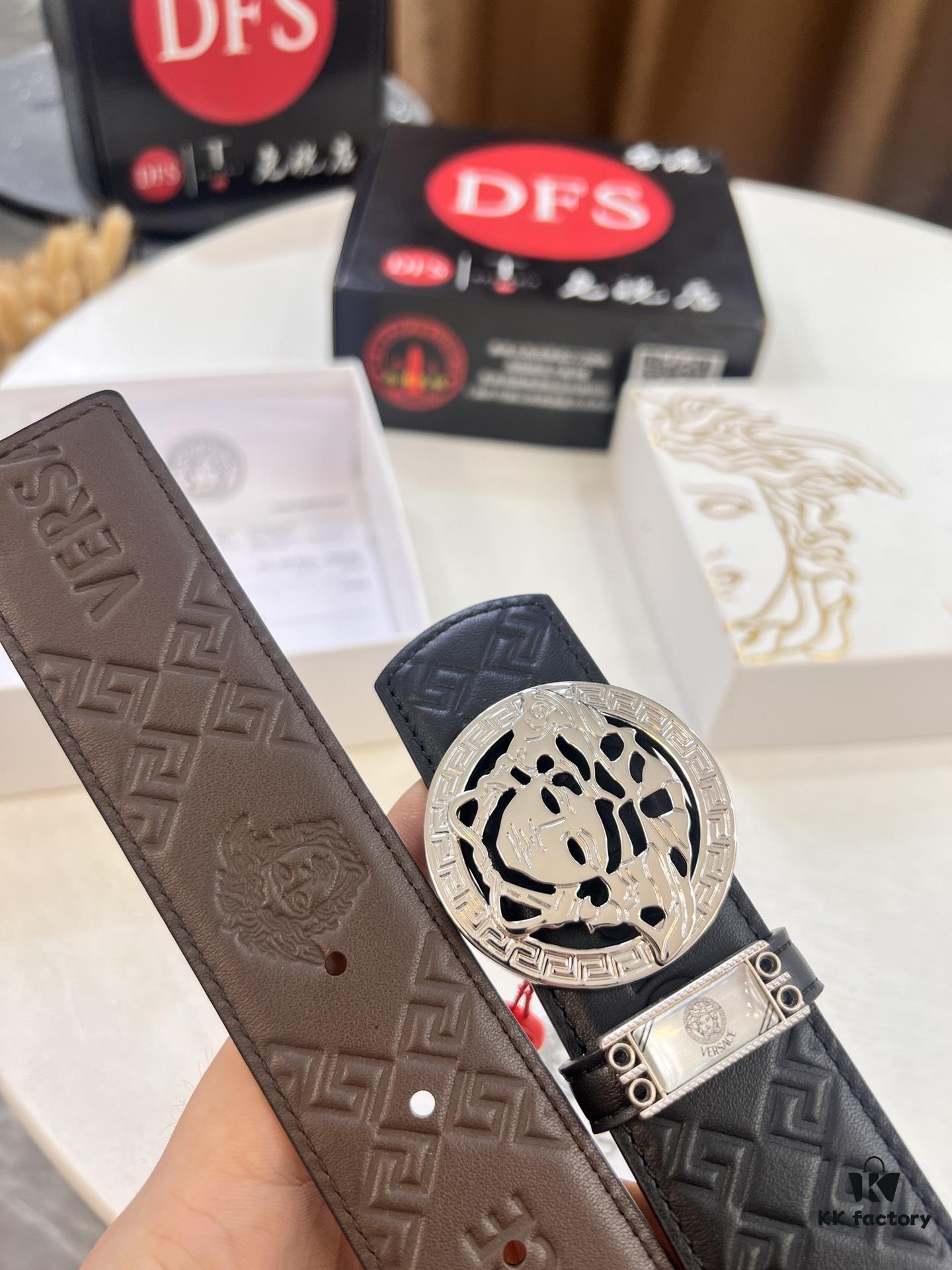 Versace Belt, New Style, Top-Quality Full-Grain Calfskin with Medusa Head Embossing, Fashionable Double-Sided Design, Soft Leather Feel, Medusa Stainless Steel Hardware, 3.8cm Width