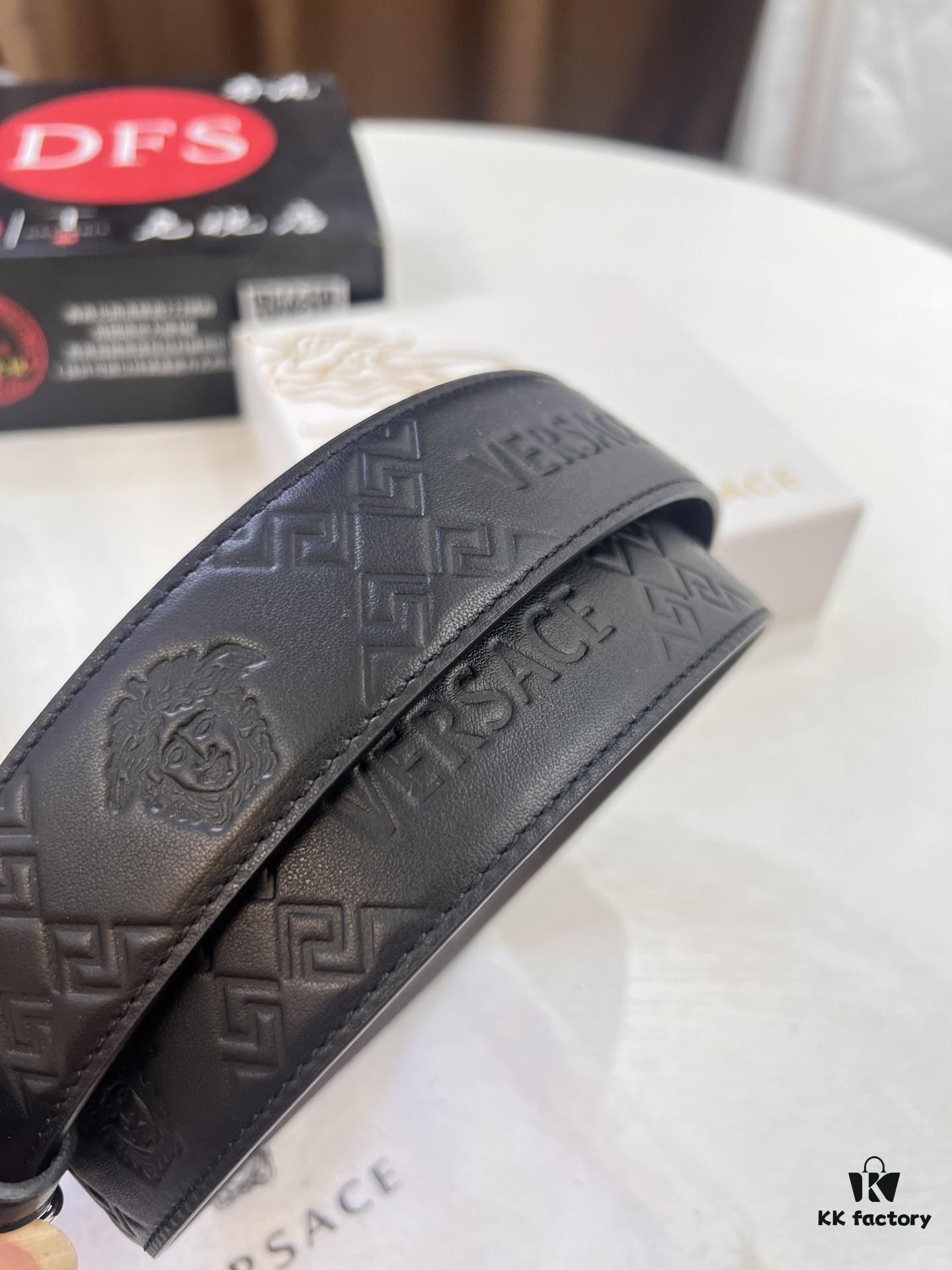 Versace Belt, New Style, Top-Quality Full-Grain Calfskin with Medusa Head Embossing, Fashionable Double-Sided Design, Soft Leather Feel, Medusa Stainless Steel Hardware, 3.8cm Width