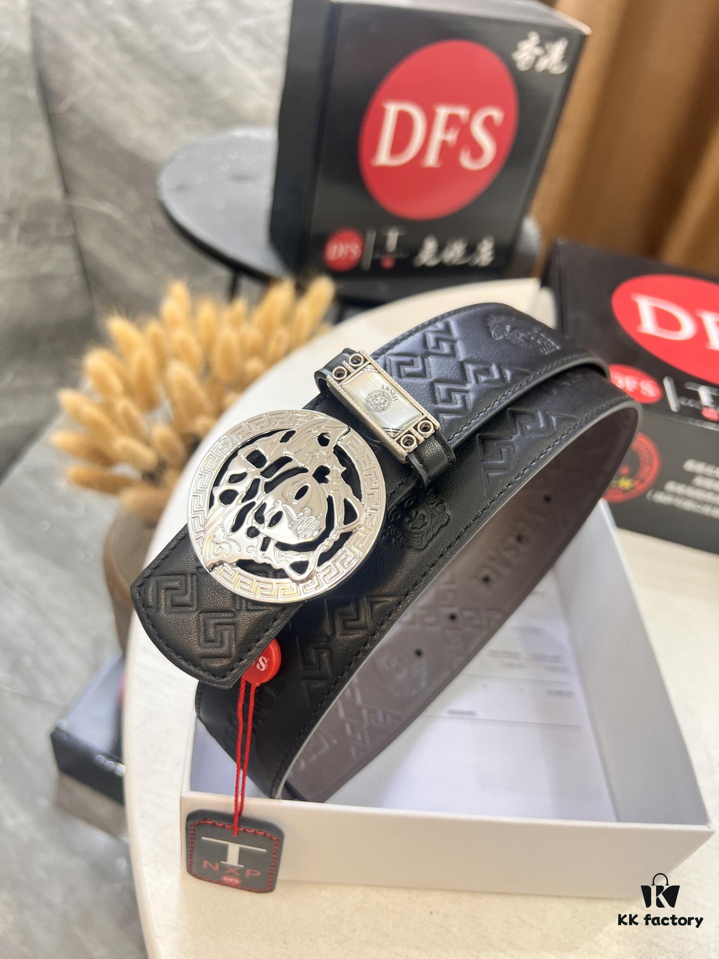 Versace Belt, New Style, Top-Quality Full-Grain Calfskin with Medusa Head Embossing, Fashionable Double-Sided Design, Soft Leather Feel, Medusa Stainless Steel Hardware, 3.8cm Width