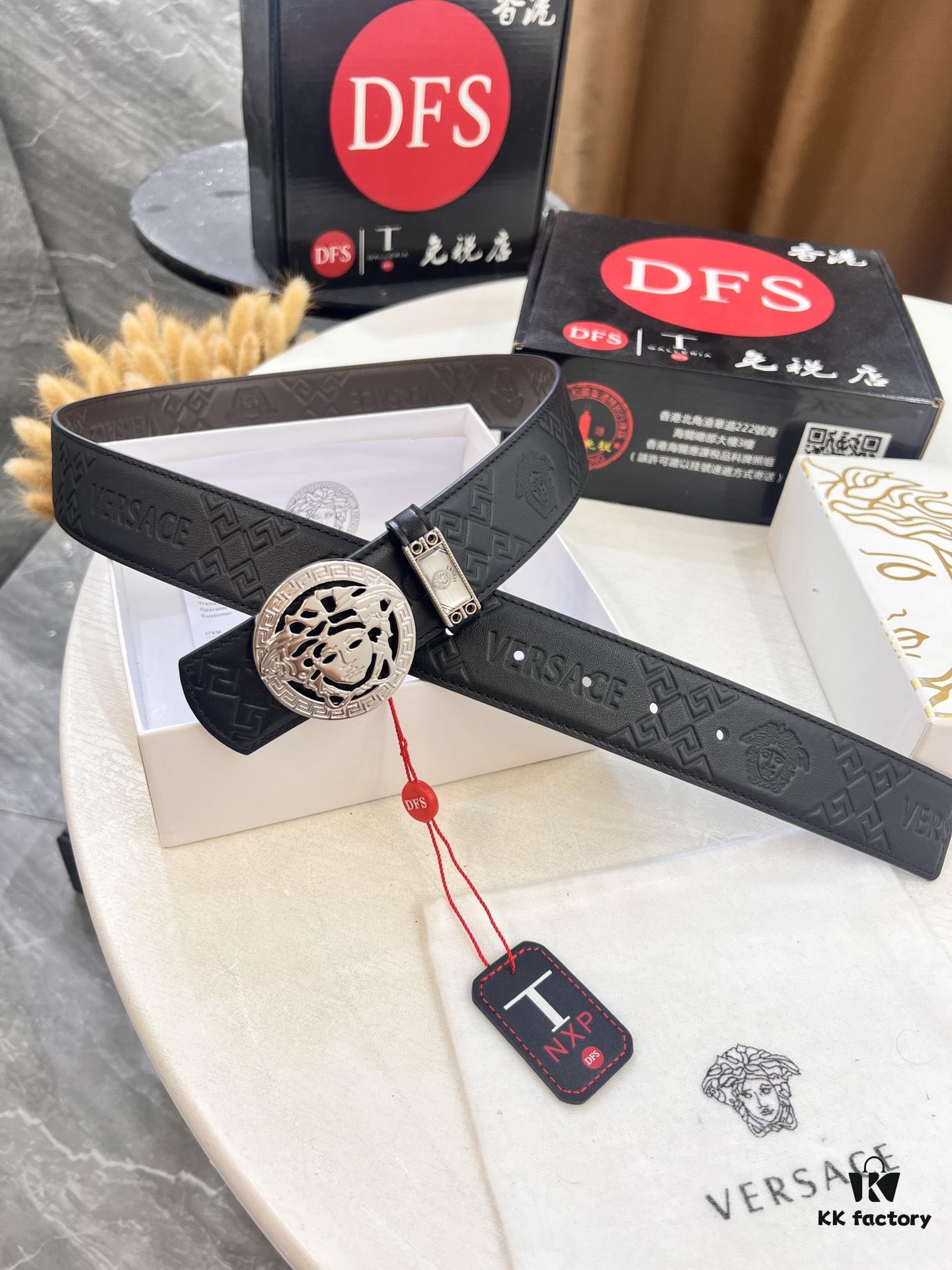 Versace Belt, New Style, Top-Quality Full-Grain Calfskin with Medusa Head Embossing, Fashionable Double-Sided Design, Soft Leather Feel, Medusa Stainless Steel Hardware, 3.8cm Width