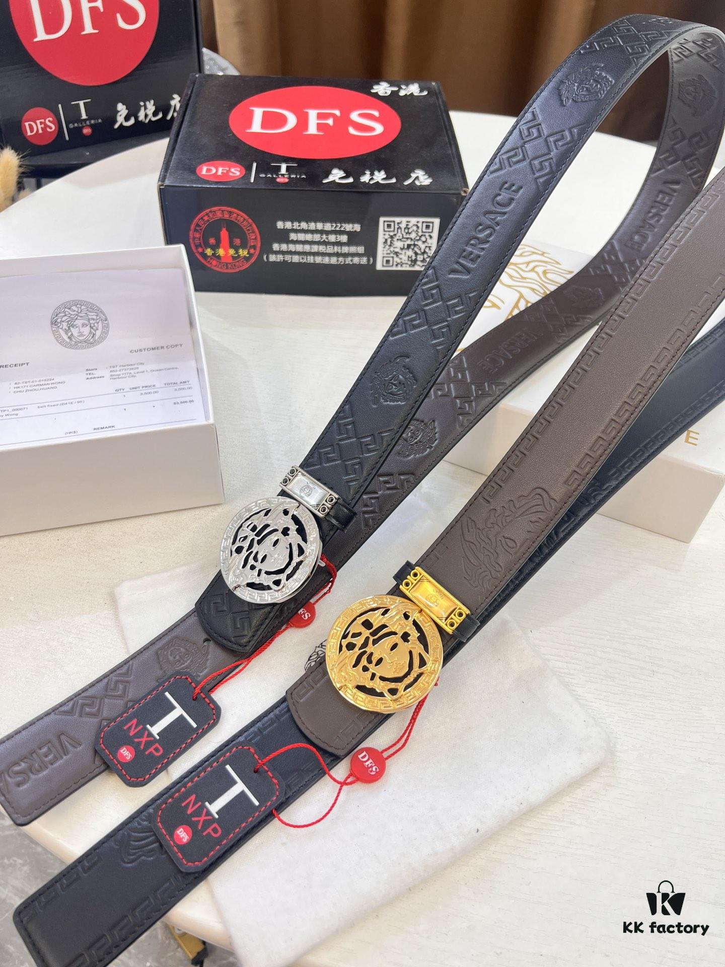 Versace Belt, New Style, Top-Quality Full-Grain Calfskin with Medusa Head Embossing, Fashionable Double-Sided Design, Soft Leather Feel, Medusa Stainless Steel Hardware, 3.8cm Width