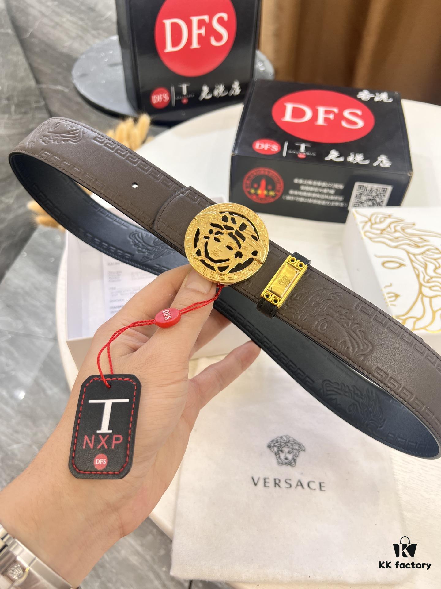 Versace Belt, New Arrival, Top-Quality Full-Grain Calfskin with Medusa Embossing, Fashionable Dual-Sided Design, Soft Leather Feel, Stainless Steel Hardware, 3.8cm Width