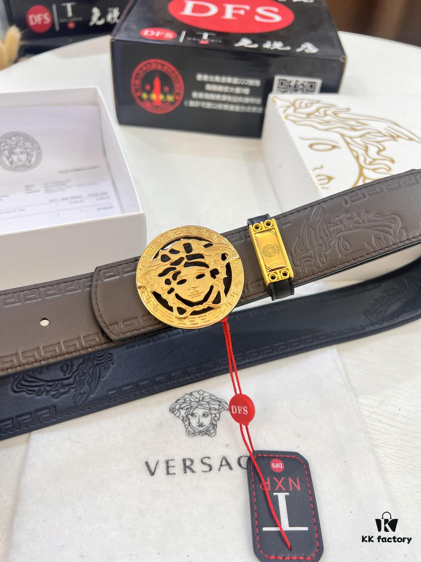 Versace Belt, New Arrival, Top-Quality Full-Grain Calfskin with Medusa Embossing, Fashionable Dual-Sided Design, Soft Leather Feel, Stainless Steel Hardware, 3.8cm Width