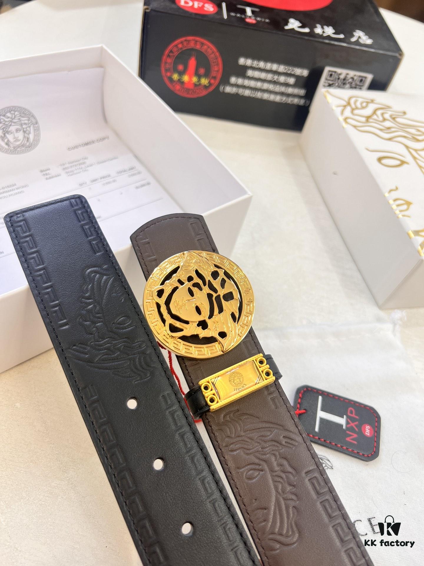 Versace Belt, New Arrival, Top-Quality Full-Grain Calfskin with Medusa Embossing, Fashionable Dual-Sided Design, Soft Leather Feel, Stainless Steel Hardware, 3.8cm Width