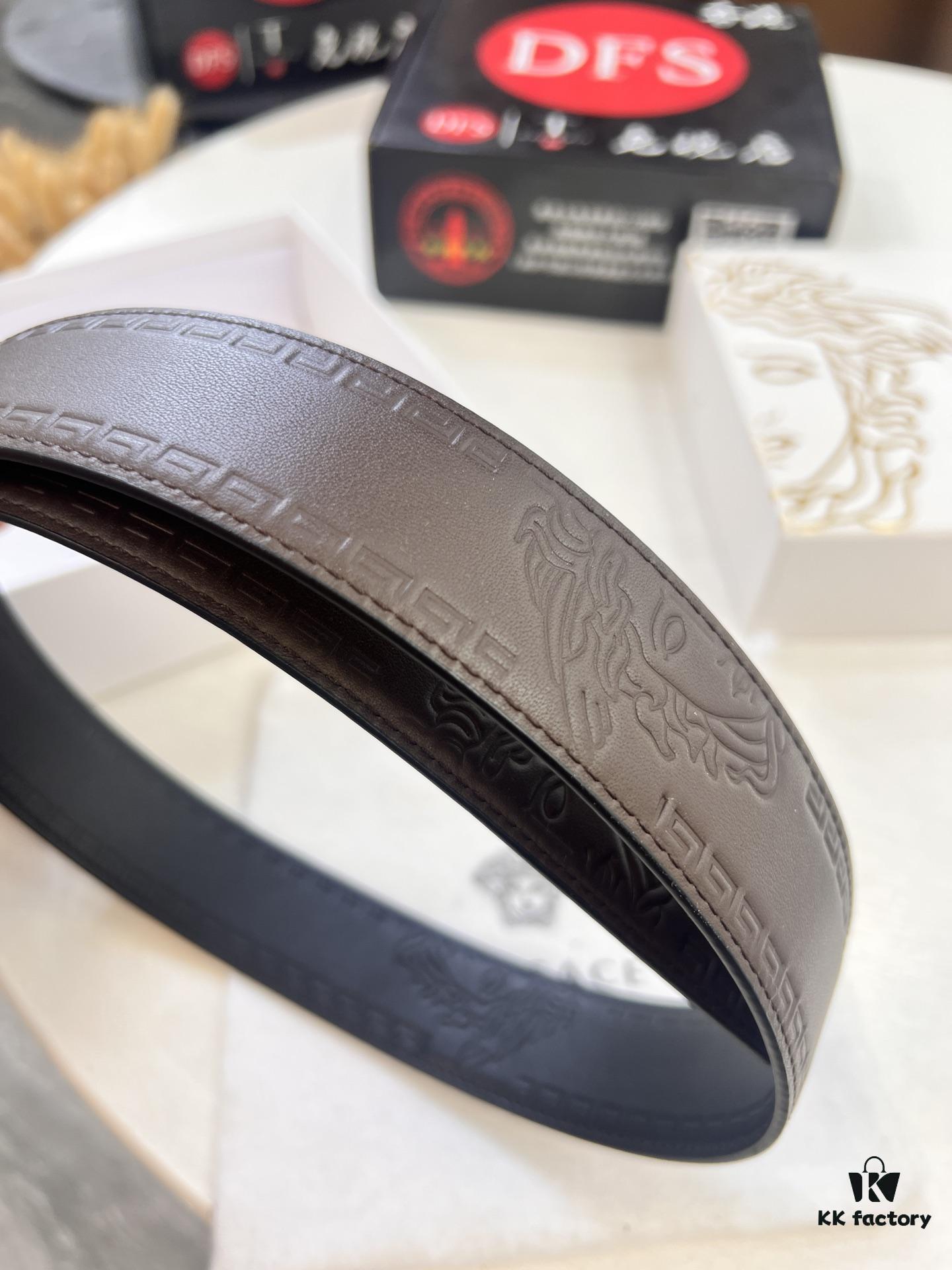 Versace Belt, New Arrival, Top-Quality Full-Grain Calfskin with Medusa Embossing, Fashionable Dual-Sided Design, Soft Leather Feel, Stainless Steel Hardware, 3.8cm Width