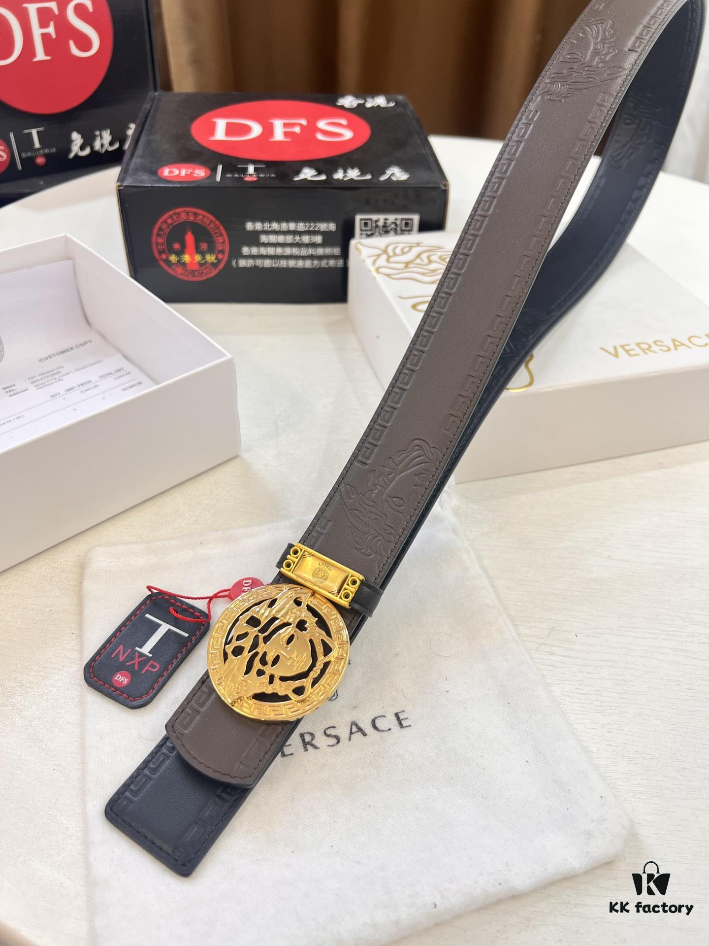 Versace Belt, New Arrival, Top-Quality Full-Grain Calfskin with Medusa Embossing, Fashionable Dual-Sided Design, Soft Leather Feel, Stainless Steel Hardware, 3.8cm Width