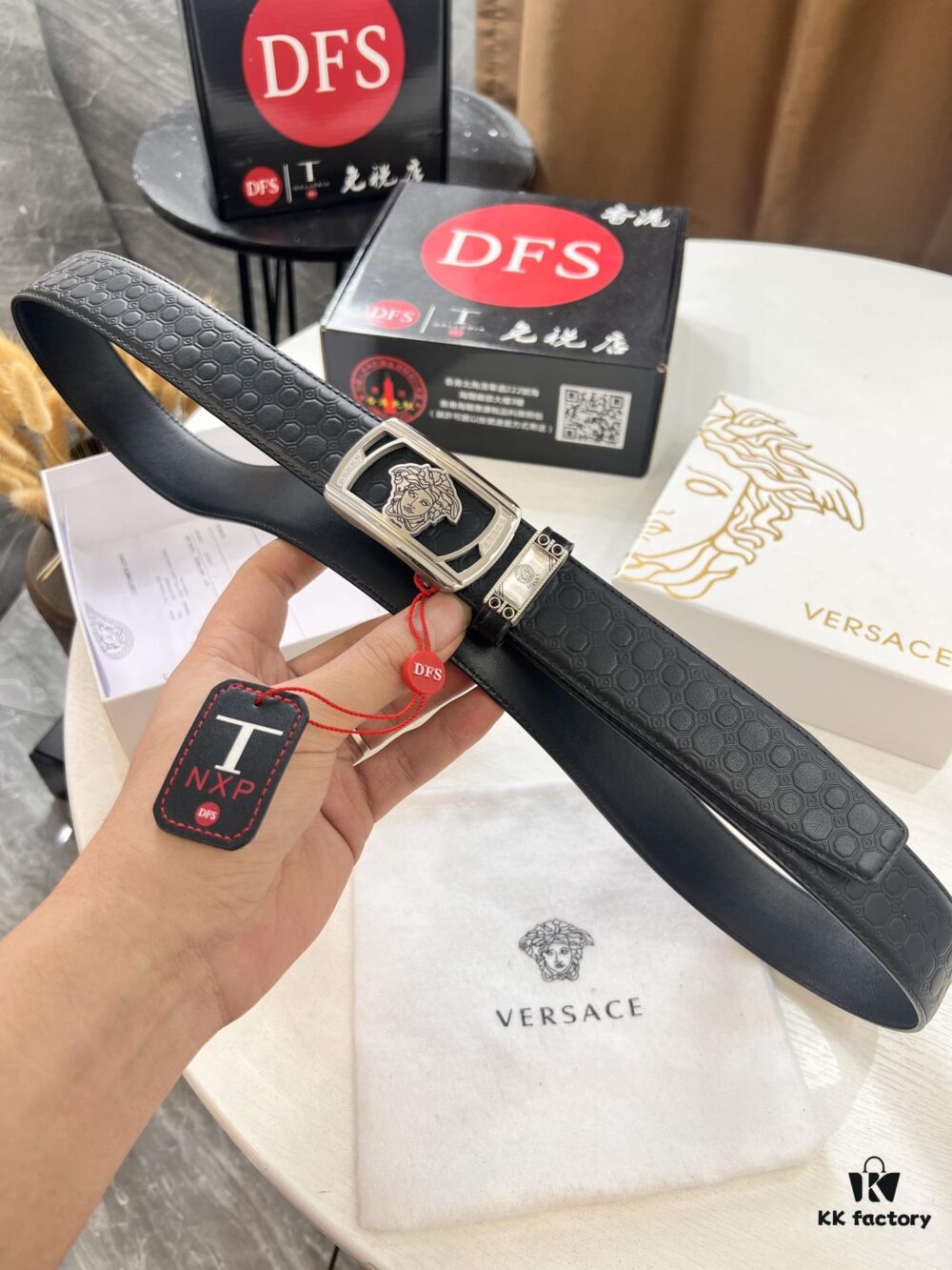 Versace Automatic Buckle Belt, Custom Embossed Top-Grade Imported Calfskin, Fine Grain Leather with Wax Thread Stitching, 3.5cm Width, Premium Business Formal Belt