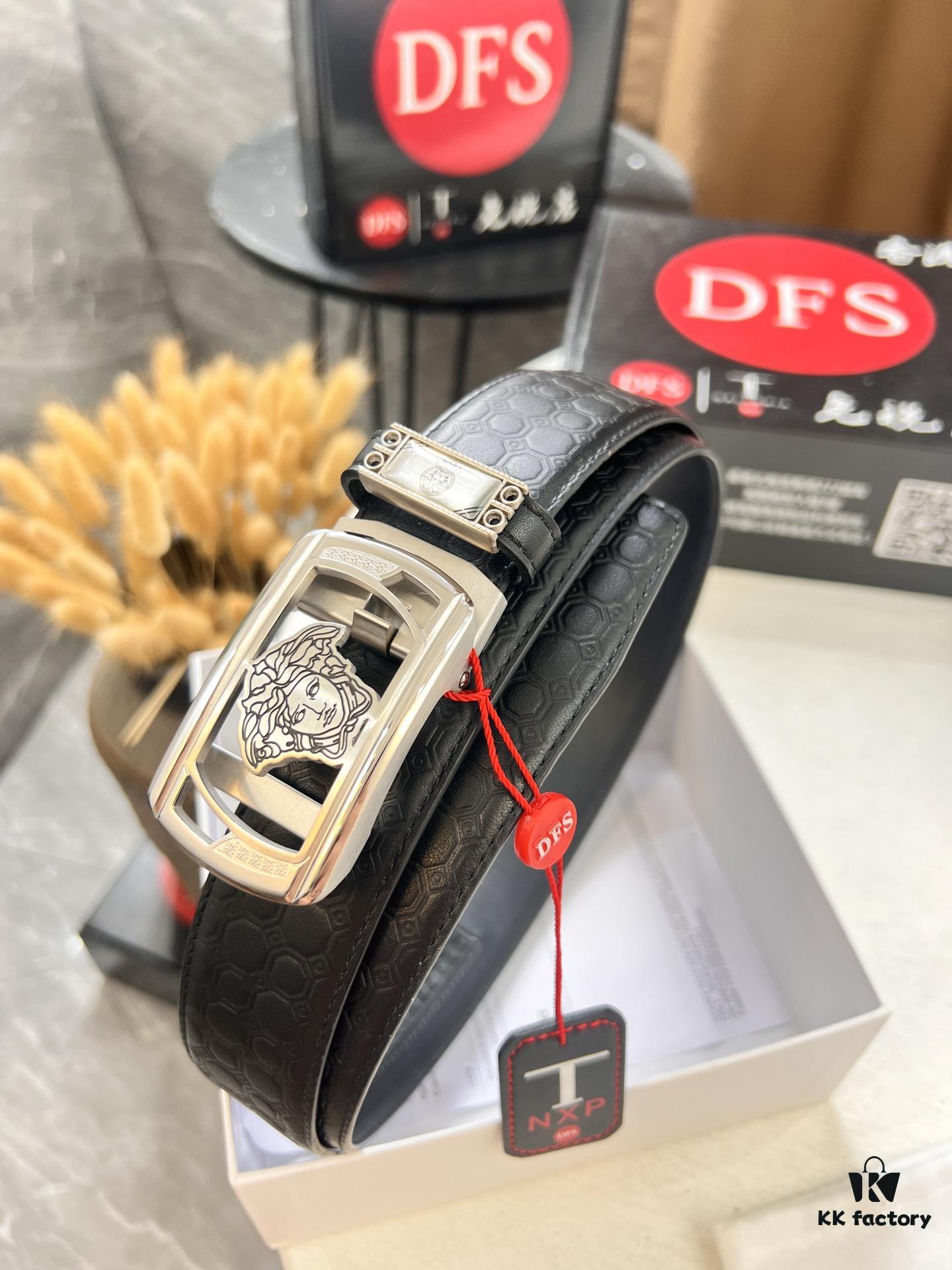 Versace Automatic Buckle Belt, Custom Calfskin with Medusa Embossing, Top-Quality Business Formal Leather Belt