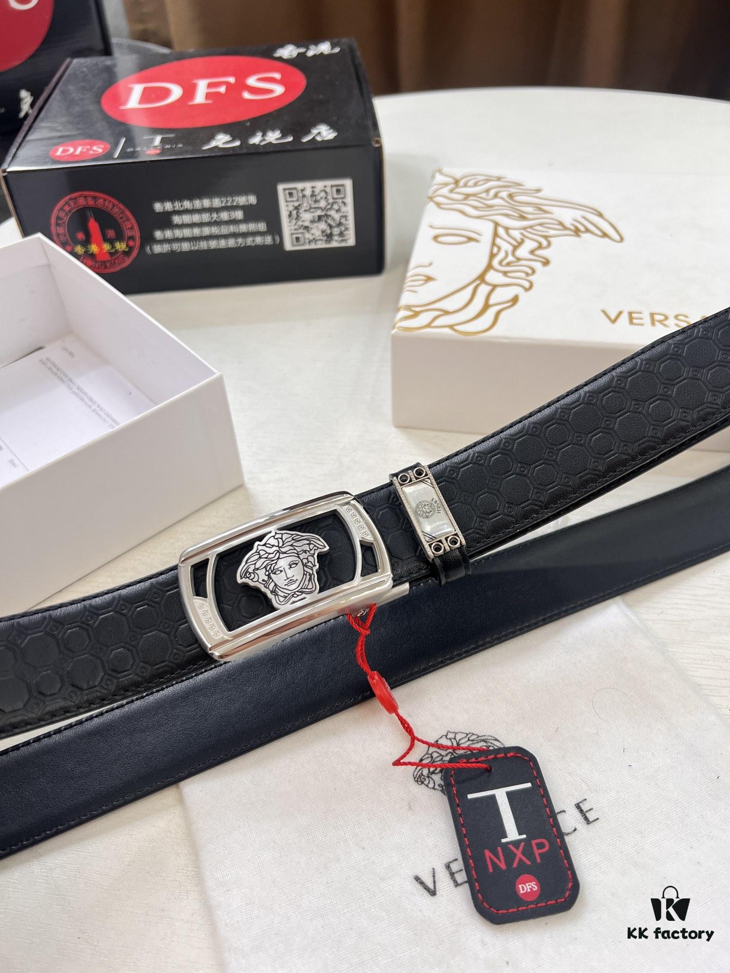 Versace Automatic Buckle Belt, Custom Calfskin with Medusa Embossing, Top-Quality Business Formal Leather Belt