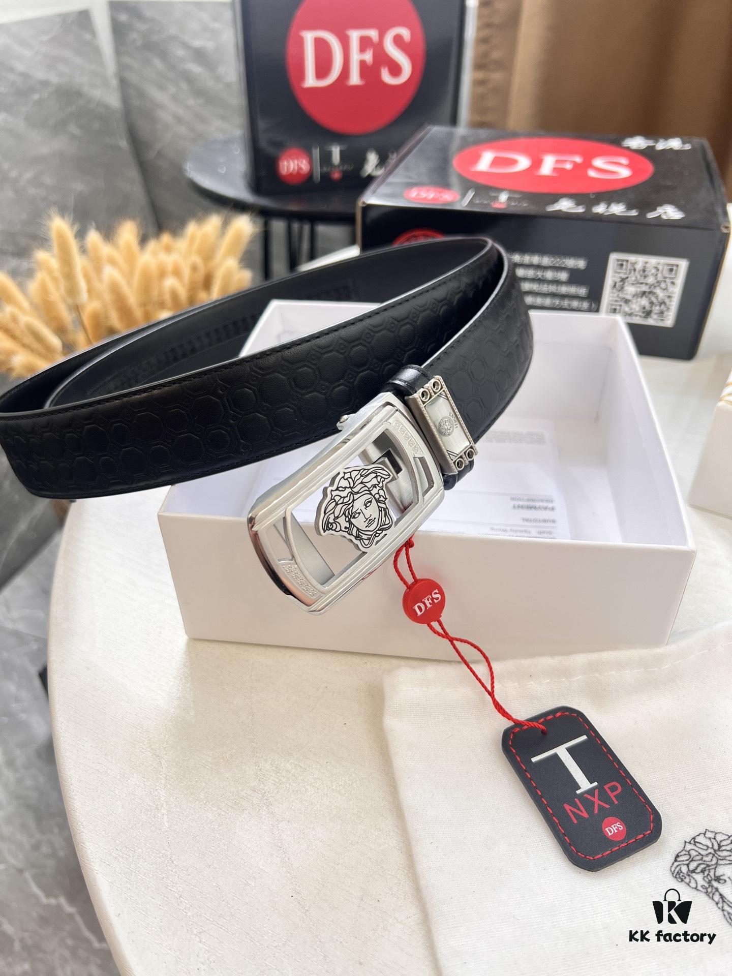 Versace Automatic Buckle Belt, Custom Calfskin with Medusa Embossing, Top-Quality Business Formal Leather Belt