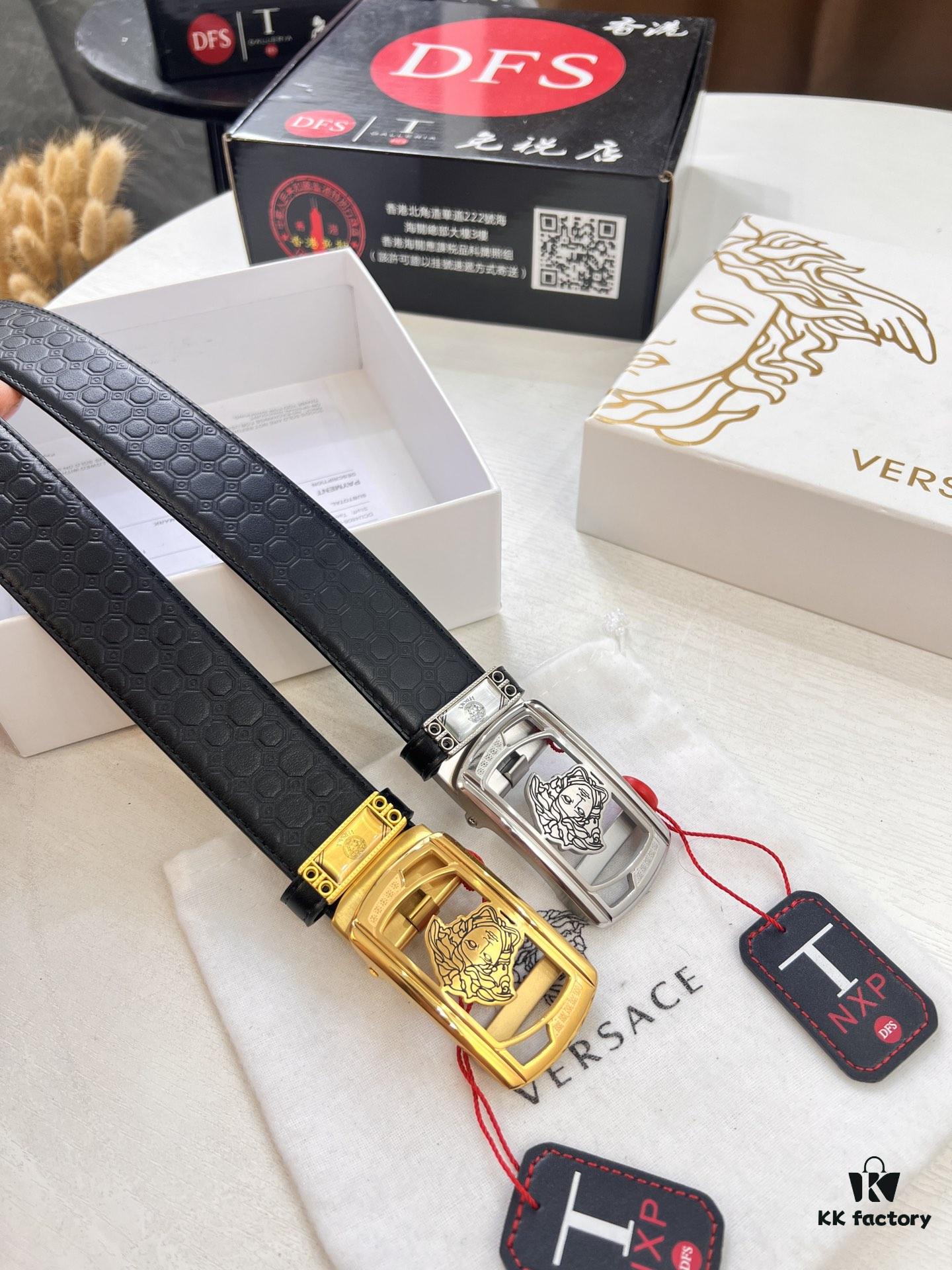 Versace Automatic Buckle Belt, Custom Calfskin with Medusa Embossing, Top-Quality Business Formal Leather Belt