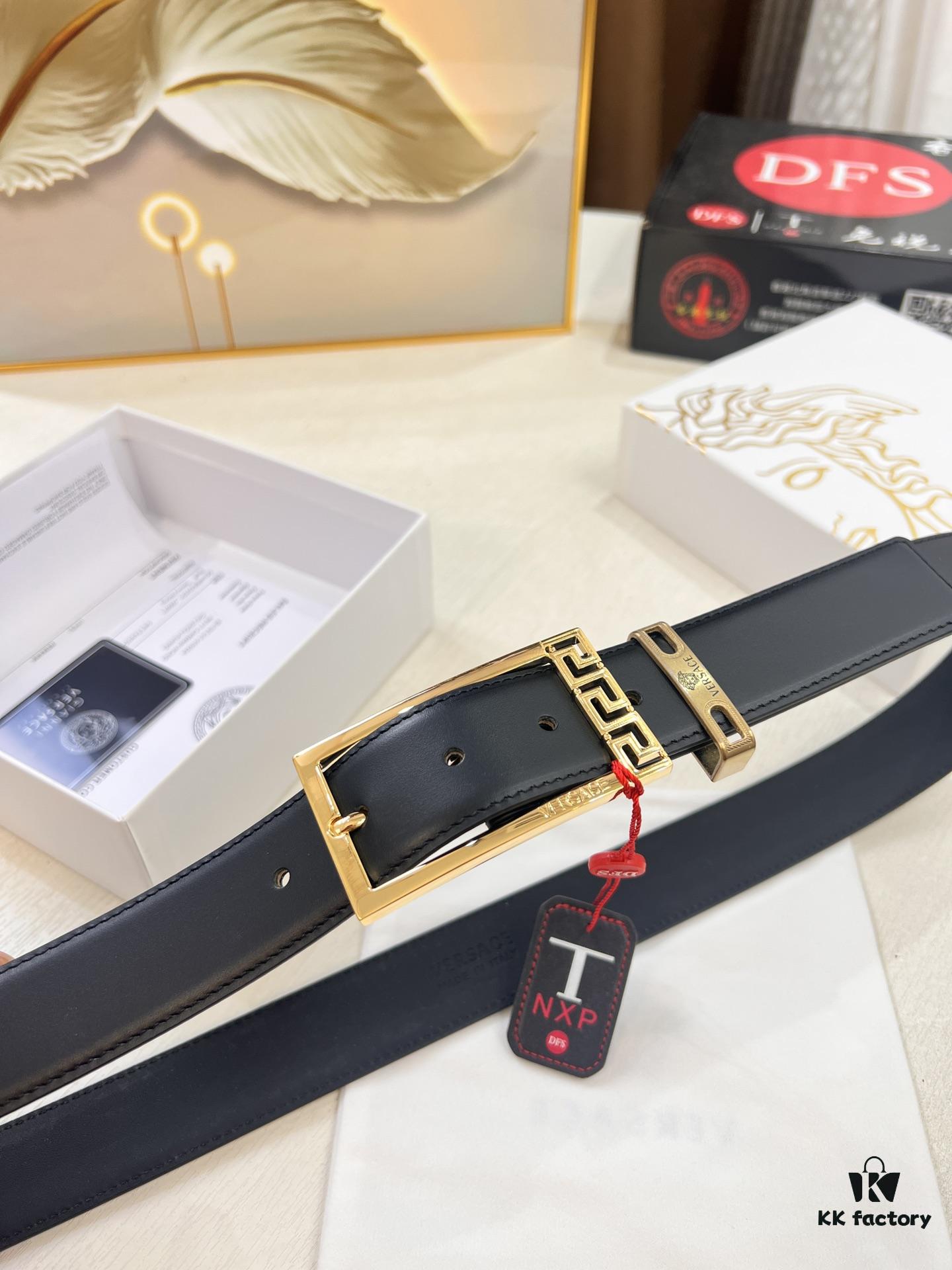 Versace Belt for Men, Genuine Top-Grade Imported Calfskin Leather, Slim Design 3.5cm Width, Luxury Brand Business Accessory with NXP Anti-Counterfeit Chip