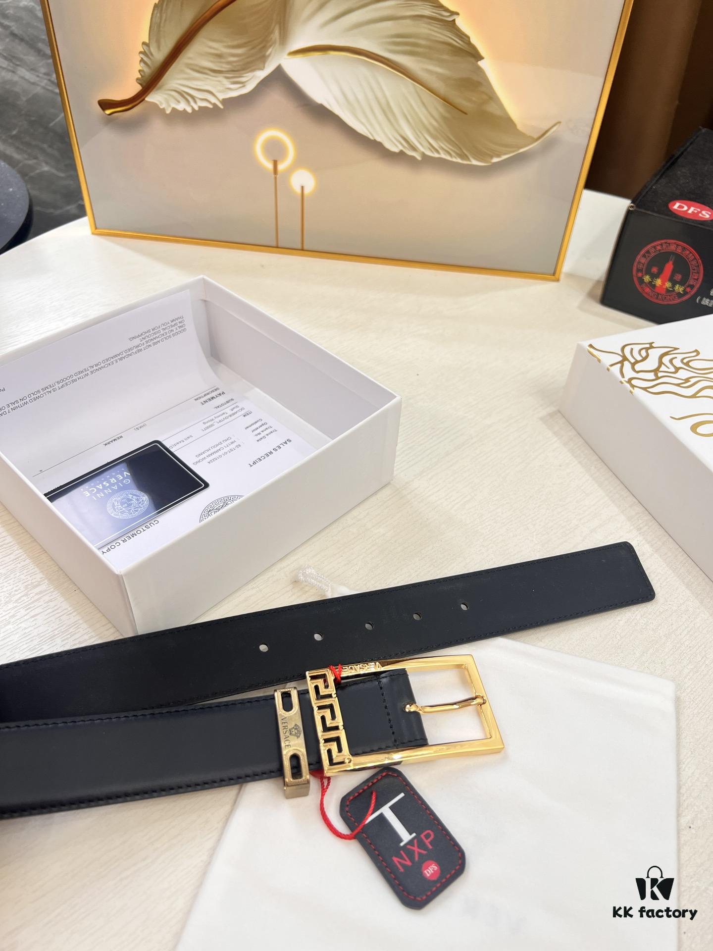 Versace Belt for Men, Genuine Top-Grade Imported Calfskin Leather, Slim Design 3.5cm Width, Luxury Brand Business Accessory with NXP Anti-Counterfeit Chip