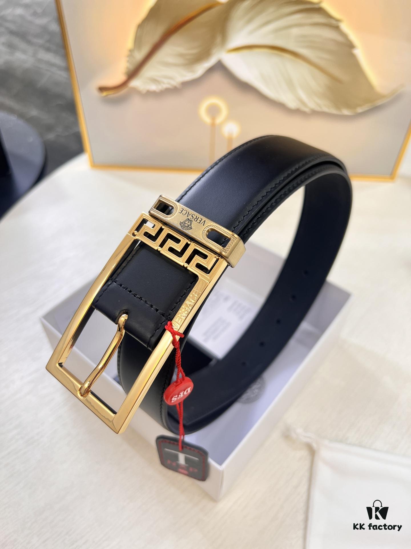 Versace Belt for Men, Genuine Top-Grade Imported Calfskin Leather, Slim Design 3.5cm Width, Luxury Brand Business Accessory with NXP Anti-Counterfeit Chip