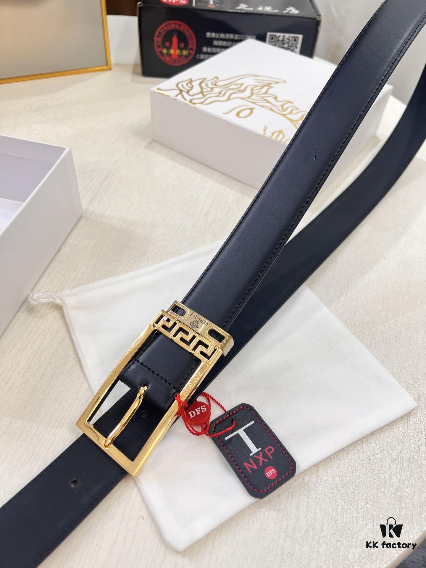 Versace Belt for Men, Genuine Top-Grade Imported Calfskin Leather, Slim Design 3.5cm Width, Luxury Brand Business Accessory with NXP Anti-Counterfeit Chip