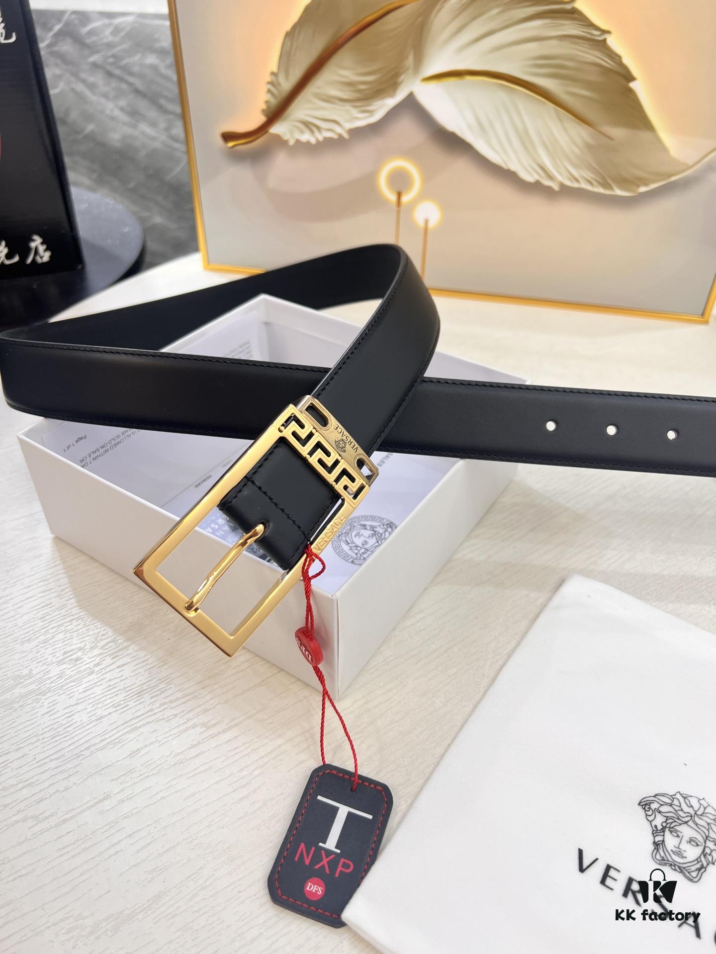 Versace Belt for Men, Genuine Top-Grade Imported Calfskin Leather, Slim Design 3.5cm Width, Luxury Brand Business Accessory with NXP Anti-Counterfeit Chip