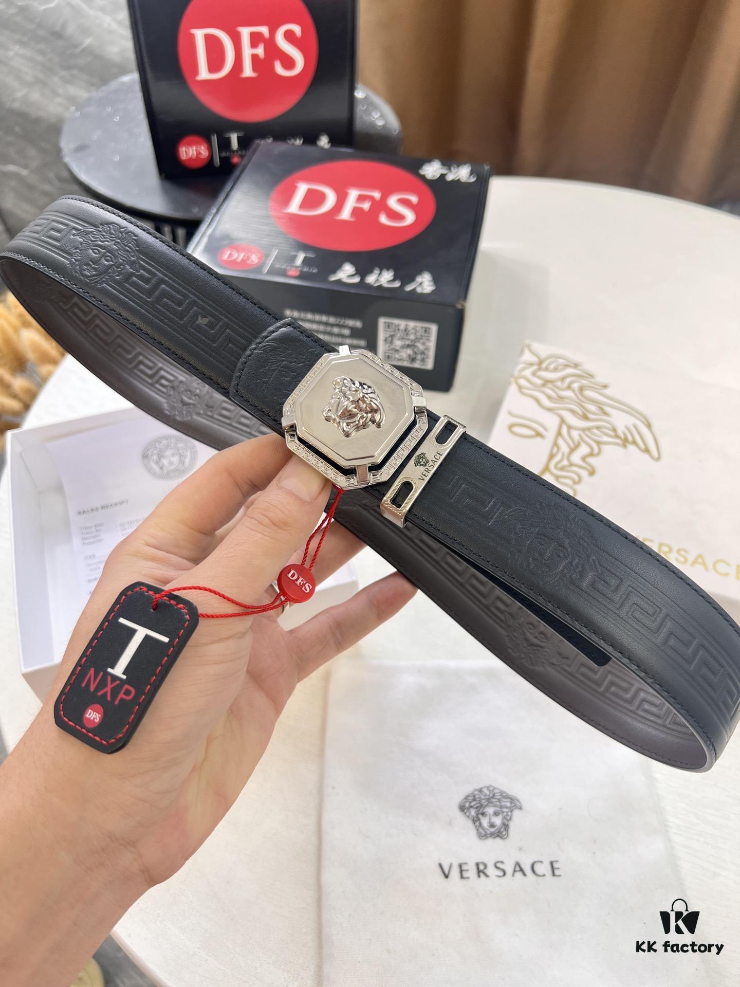 Versace Belt, New Style, Top-Quality Full-Grain Calfskin with Medusa Embossing, Fashionable Design, Soft Leather Feel, Reversible Use, Stainless Steel Hardware, 3.8cm Width