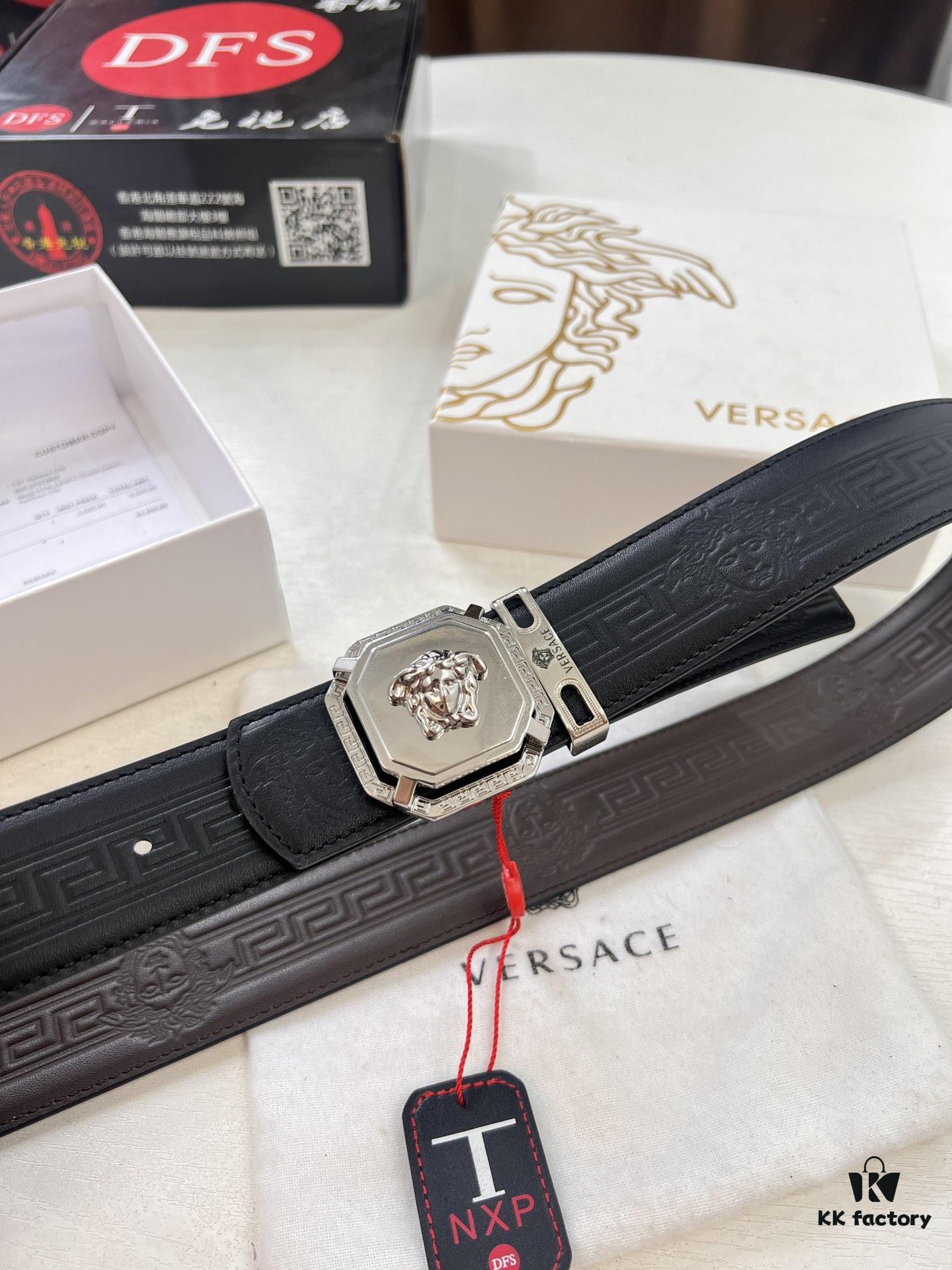 Versace Belt, New Style, Top-Quality Full-Grain Calfskin with Medusa Embossing, Fashionable Design, Soft Leather Feel, Reversible Use, Stainless Steel Hardware, 3.8cm Width