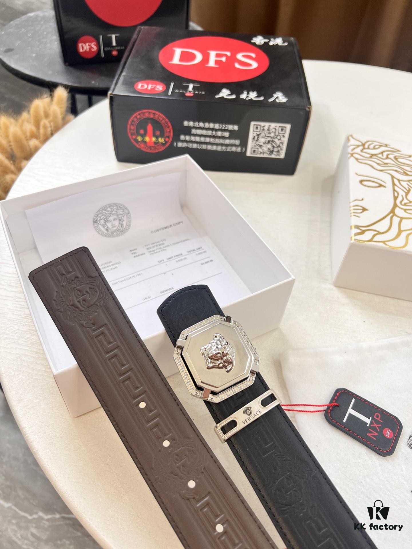 Versace Belt, New Style, Top-Quality Full-Grain Calfskin with Medusa Embossing, Fashionable Design, Soft Leather Feel, Reversible Use, Stainless Steel Hardware, 3.8cm Width