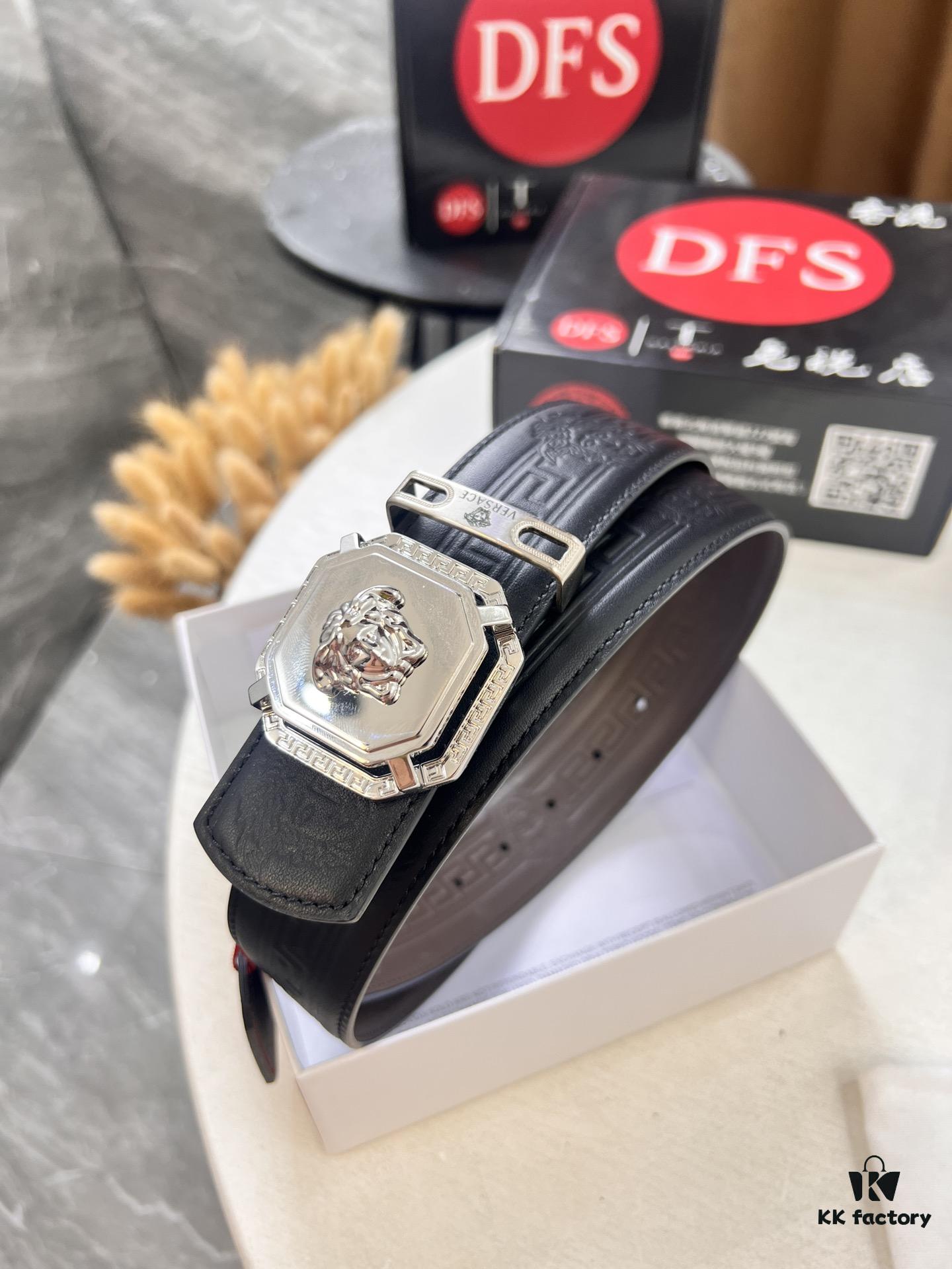 Versace Belt, New Style, Top-Quality Full-Grain Calfskin with Medusa Embossing, Fashionable Design, Soft Leather Feel, Reversible Use, Stainless Steel Hardware, 3.8cm Width