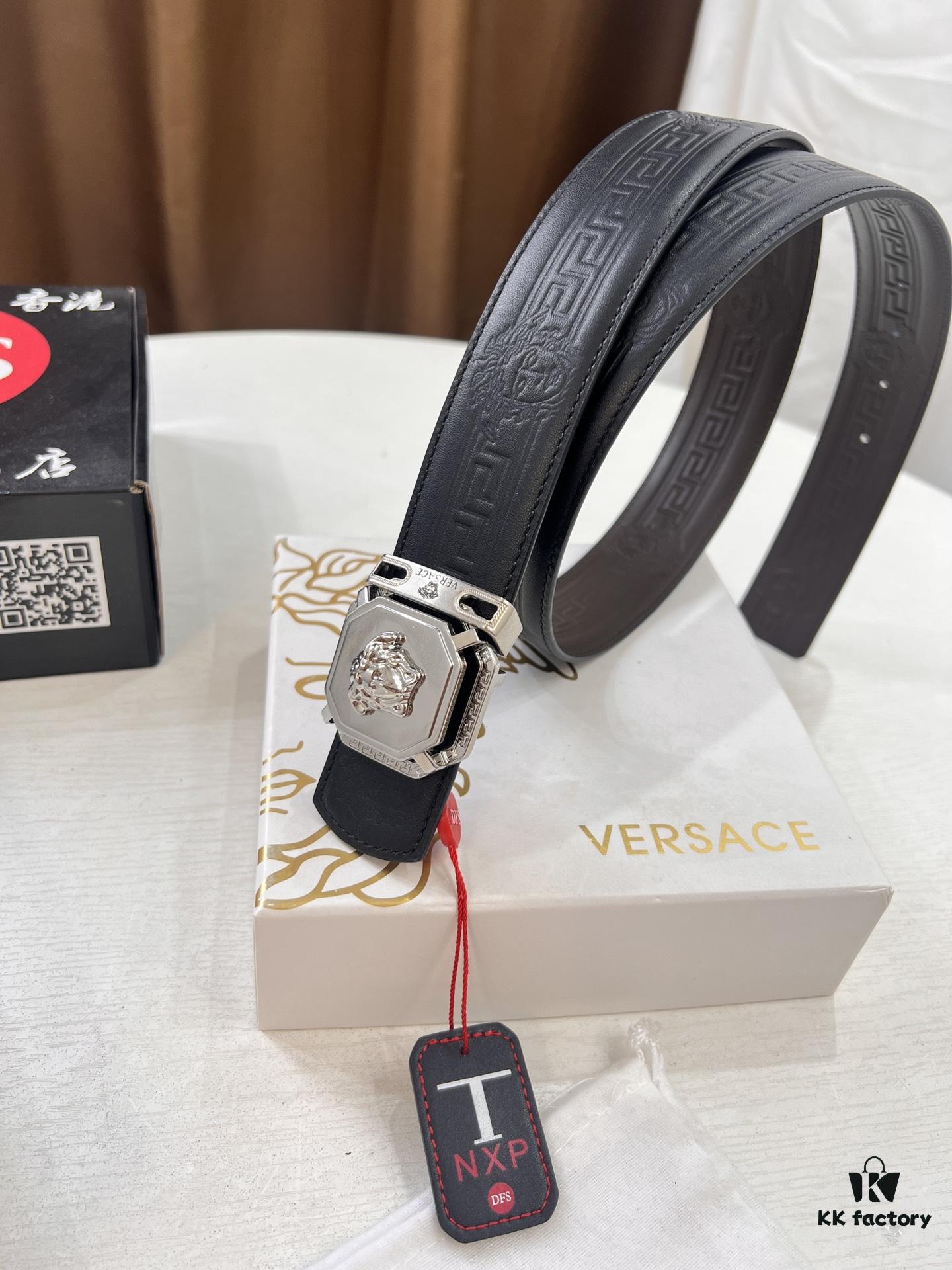 Versace Belt, New Style, Top-Quality Full-Grain Calfskin with Medusa Embossing, Fashionable Design, Soft Leather Feel, Reversible Use, Stainless Steel Hardware, 3.8cm Width