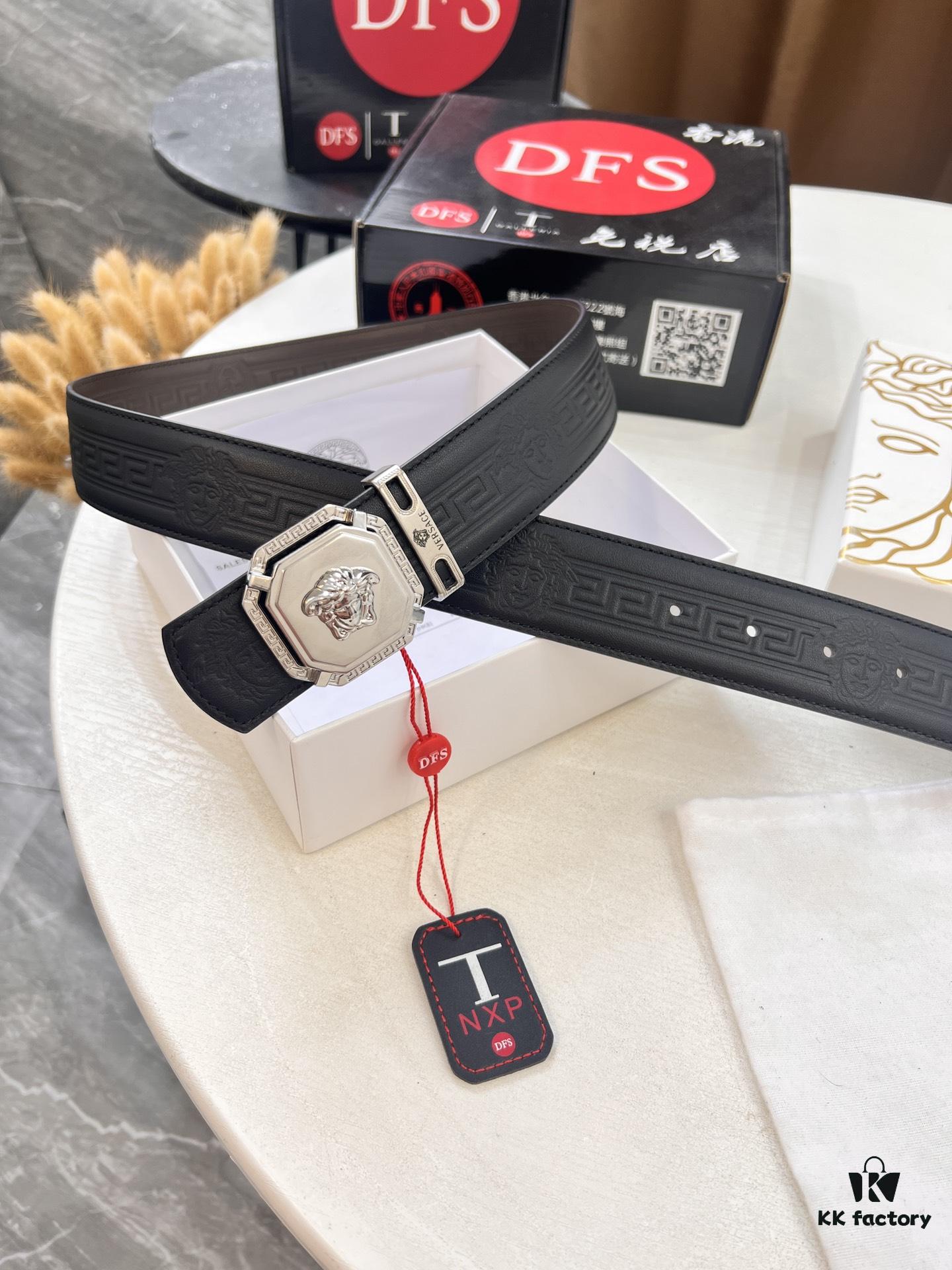 Versace Belt, New Style, Top-Quality Full-Grain Calfskin with Medusa Embossing, Fashionable Design, Soft Leather Feel, Reversible Use, Stainless Steel Hardware, 3.8cm Width