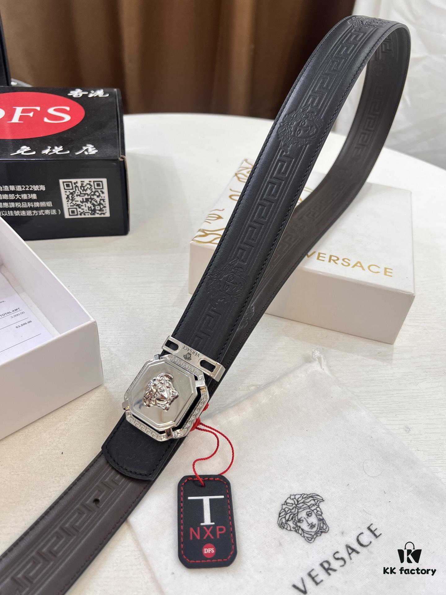 Versace Belt, New Style, Top-Quality Full-Grain Calfskin with Medusa Embossing, Fashionable Design, Soft Leather Feel, Reversible Use, Stainless Steel Hardware, 3.8cm Width