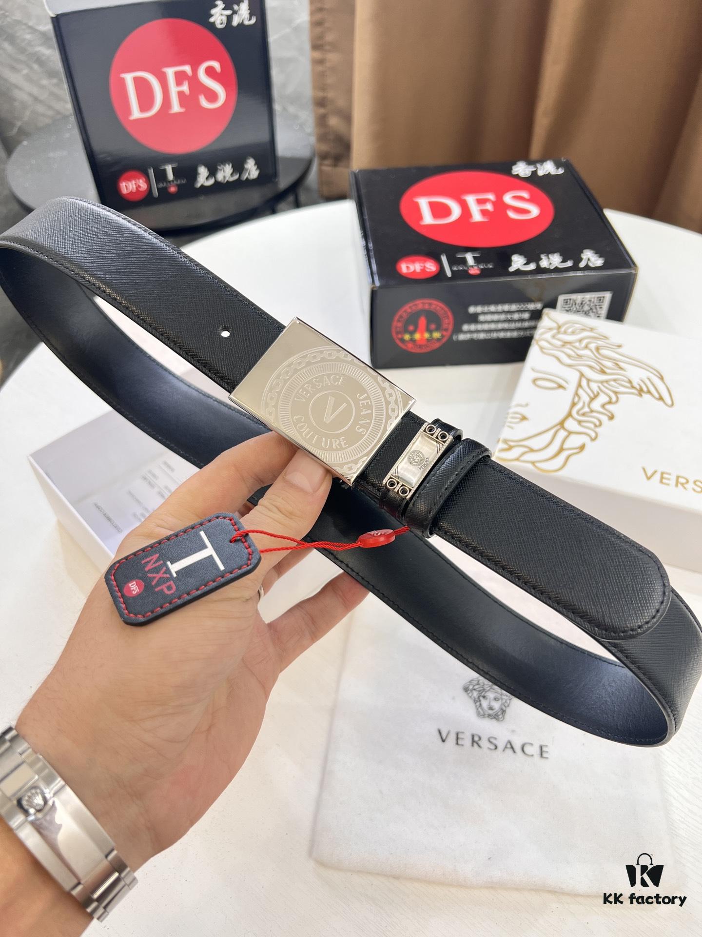 Versace Belt, Genuine Italian Top Grain Calfskin, Original Factory Direct, Hong Kong Duty-Free Gift Box with NXP RFID Tag, 3.8cm Width, Premium Quality