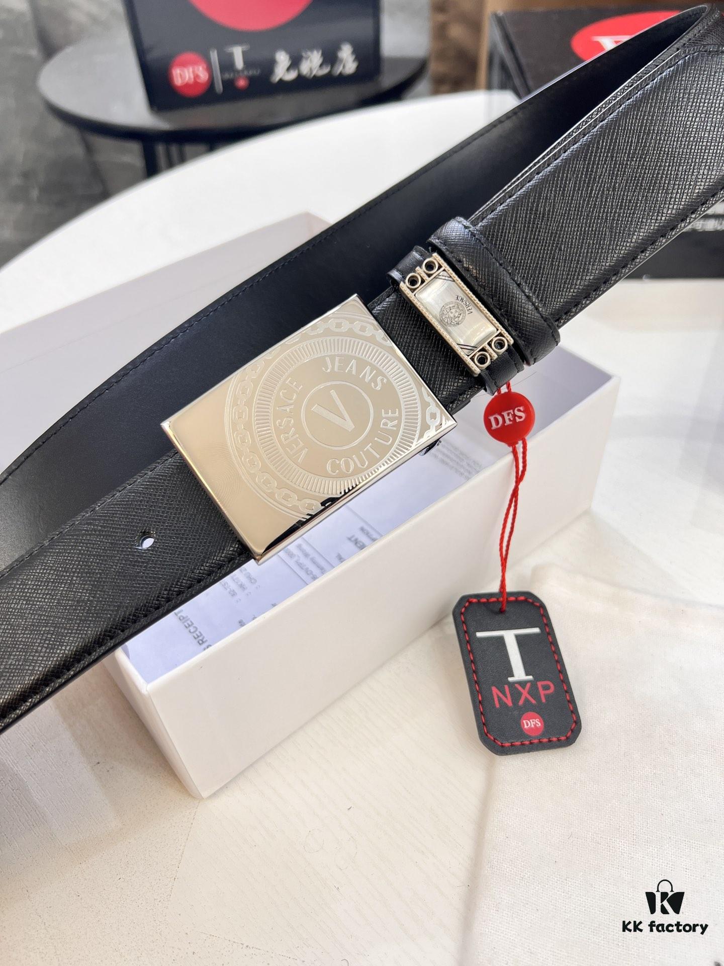 Versace Belt, Genuine Italian Top Grain Calfskin, Original Factory Direct, Hong Kong Duty-Free Gift Box with NXP RFID Tag, 3.8cm Width, Premium Quality