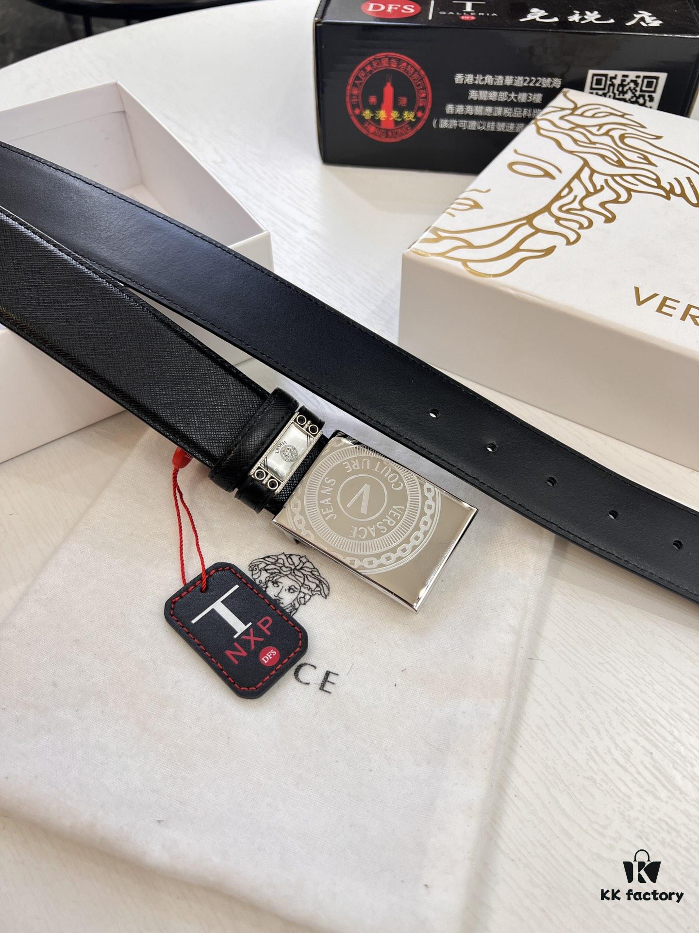 Versace Belt, Genuine Italian Top Grain Calfskin, Original Factory Direct, Hong Kong Duty-Free Gift Box with NXP RFID Tag, 3.8cm Width, Premium Quality