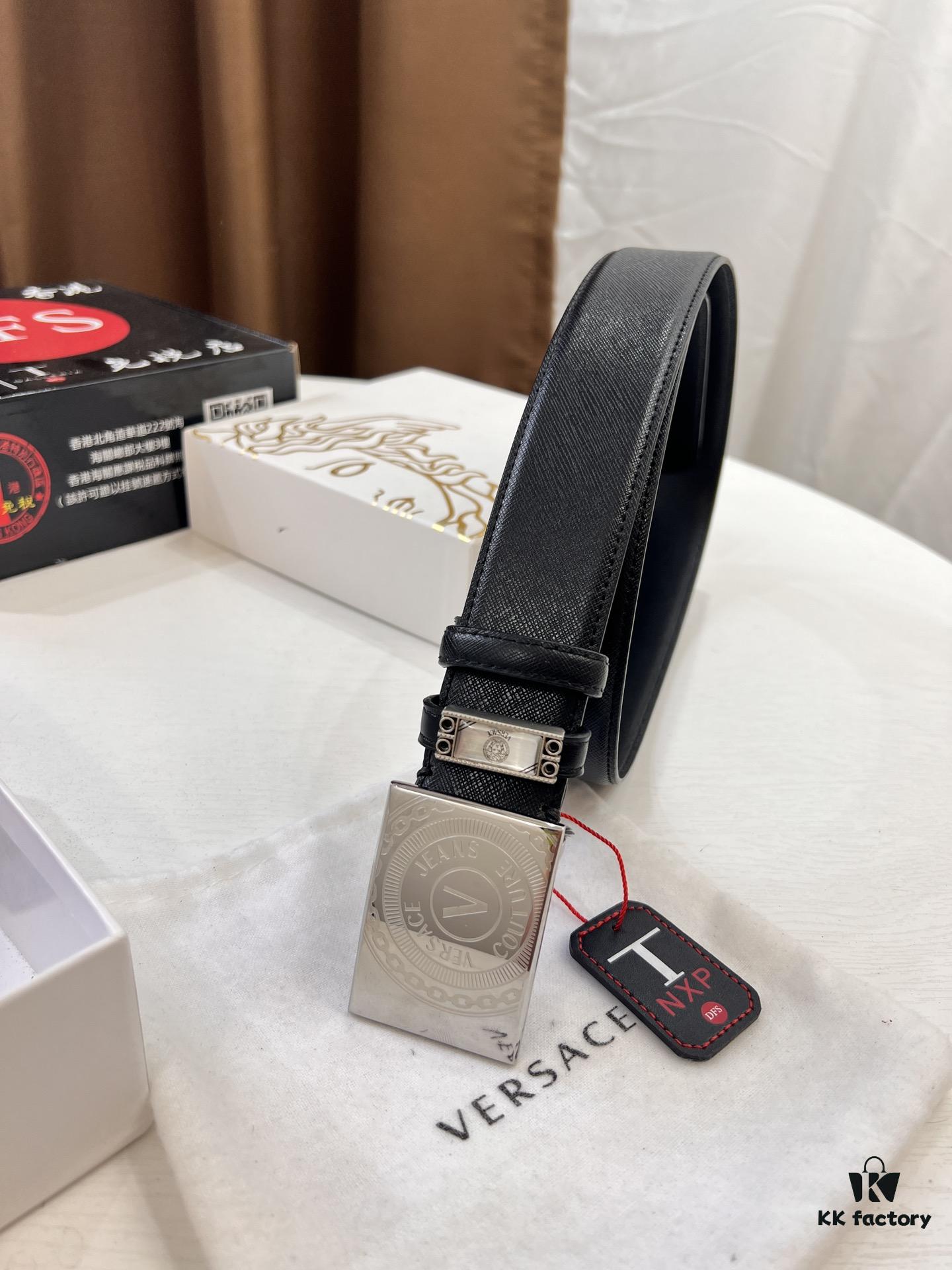 Versace Belt, Genuine Italian Top Grain Calfskin, Original Factory Direct, Hong Kong Duty-Free Gift Box with NXP RFID Tag, 3.8cm Width, Premium Quality