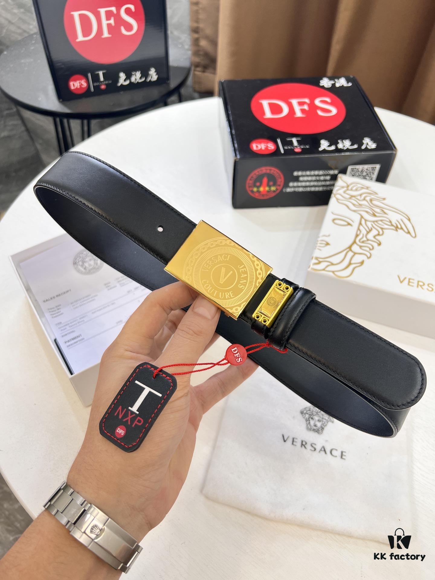 Versace Belt, Original Factory Order, Genuine Mold, Italian Imported Cross-grain Calfskin, 3.8cm Width, Hong Kong Tax-free Gift Box with NXP RFID Tag (Verifiable on Official Website)