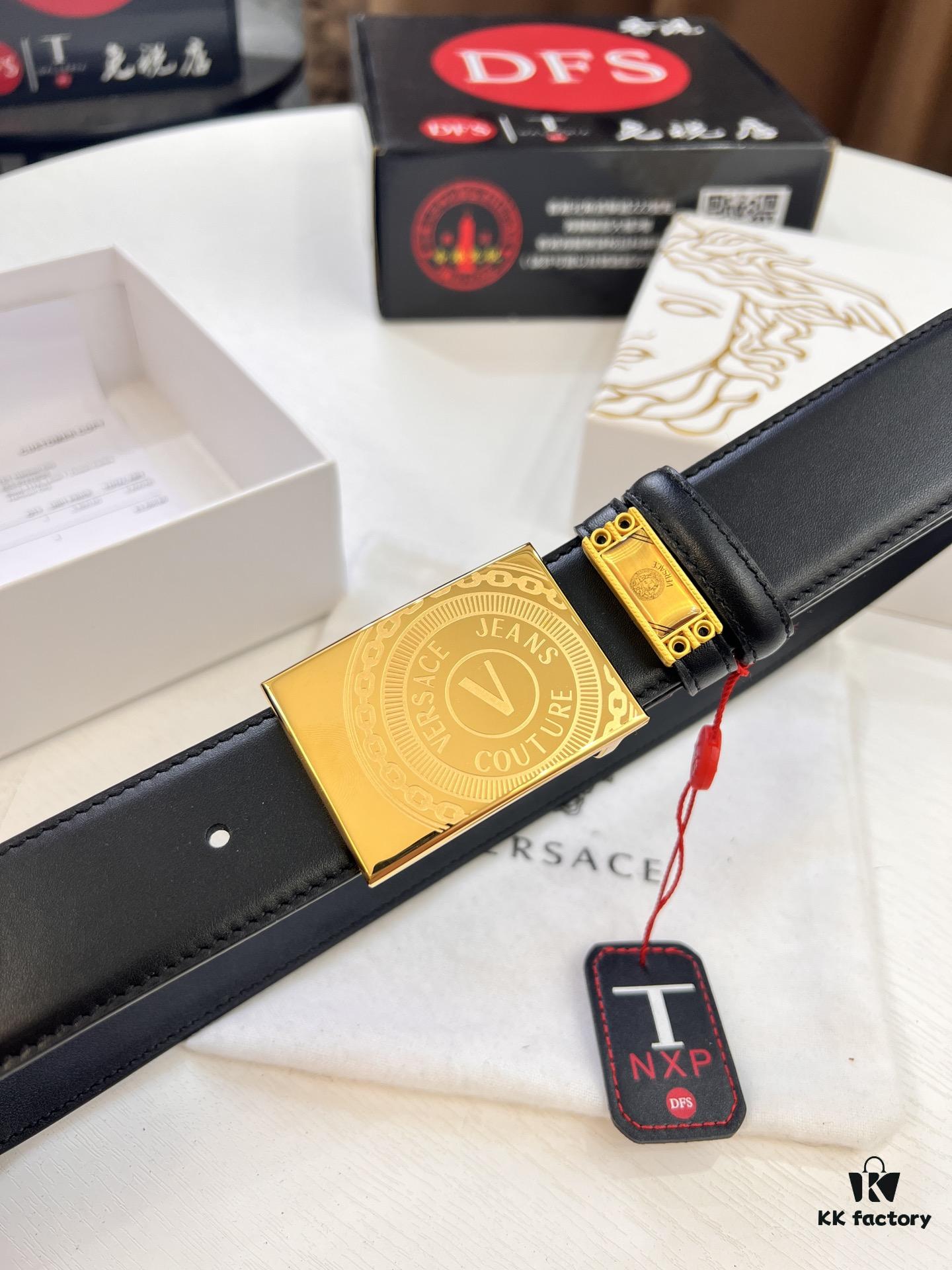 Versace Belt, Original Factory Order, Genuine Mold, Italian Imported Cross-grain Calfskin, 3.8cm Width, Hong Kong Tax-free Gift Box with NXP RFID Tag (Verifiable on Official Website)