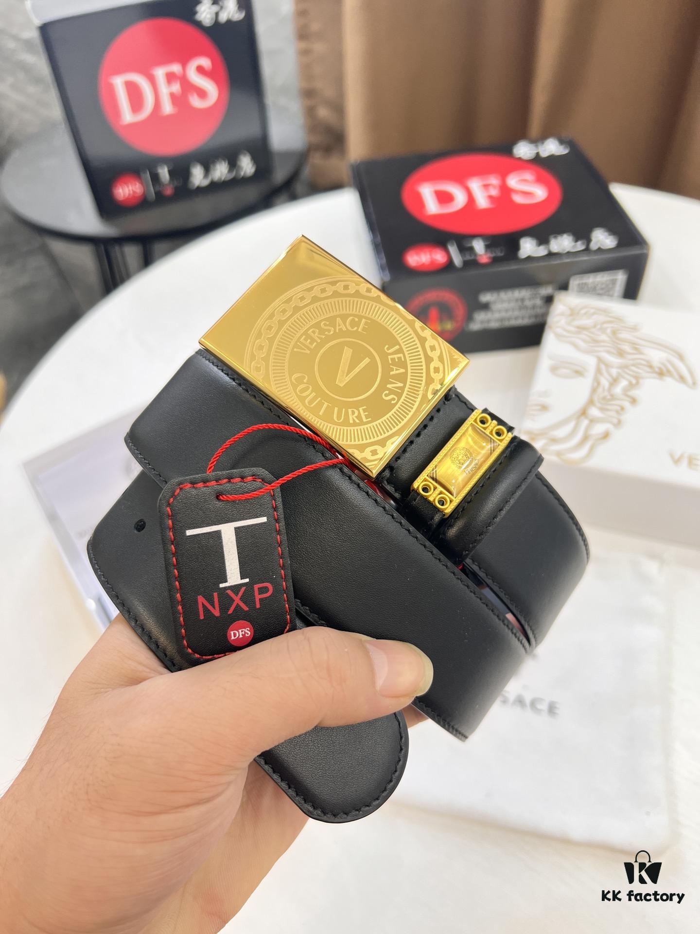Versace Belt, Original Factory Order, Genuine Mold, Italian Imported Cross-grain Calfskin, 3.8cm Width, Hong Kong Tax-free Gift Box with NXP RFID Tag (Verifiable on Official Website)