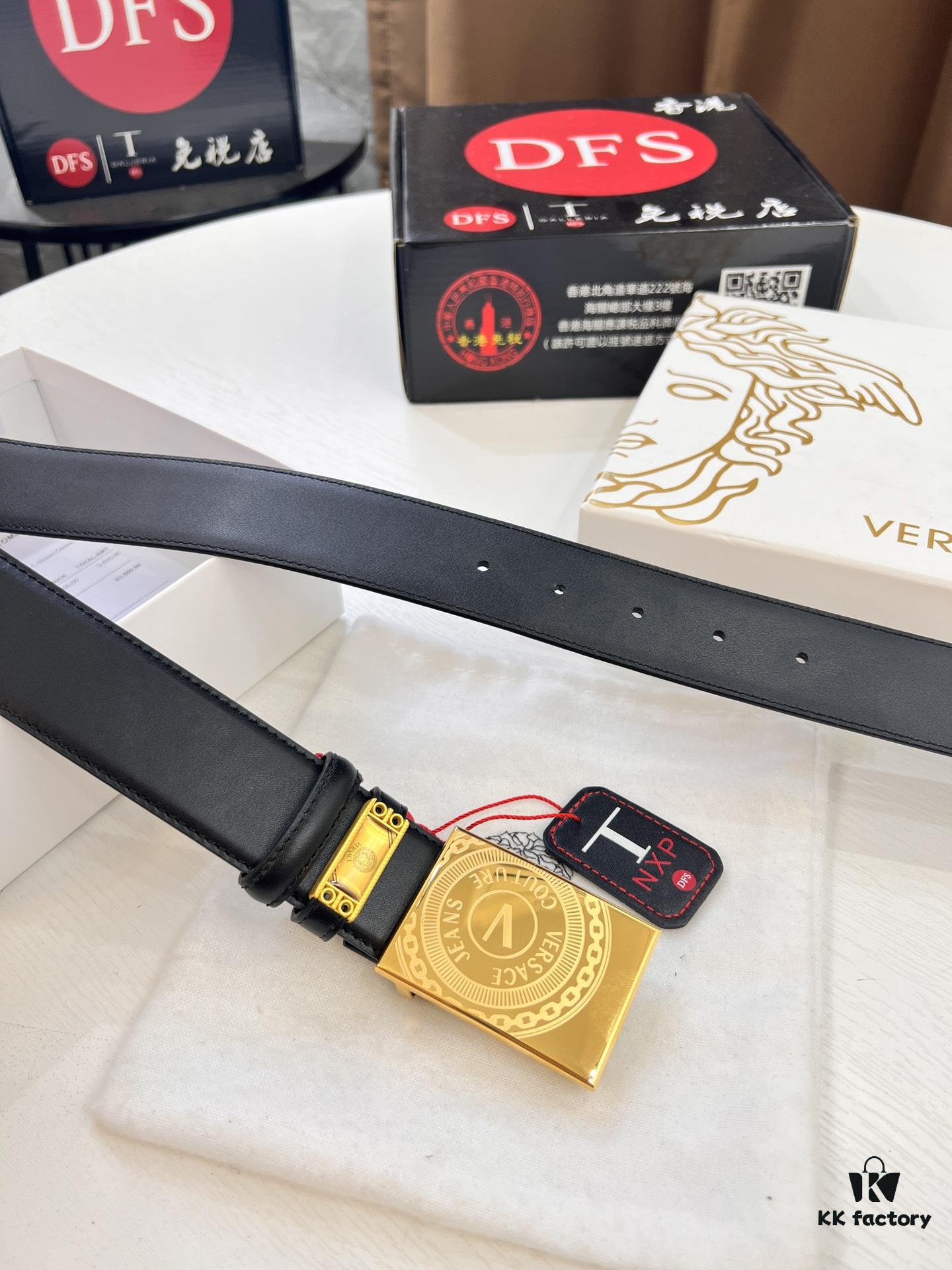 Versace Belt, Original Factory Order, Genuine Mold, Italian Imported Cross-grain Calfskin, 3.8cm Width, Hong Kong Tax-free Gift Box with NXP RFID Tag (Verifiable on Official Website)