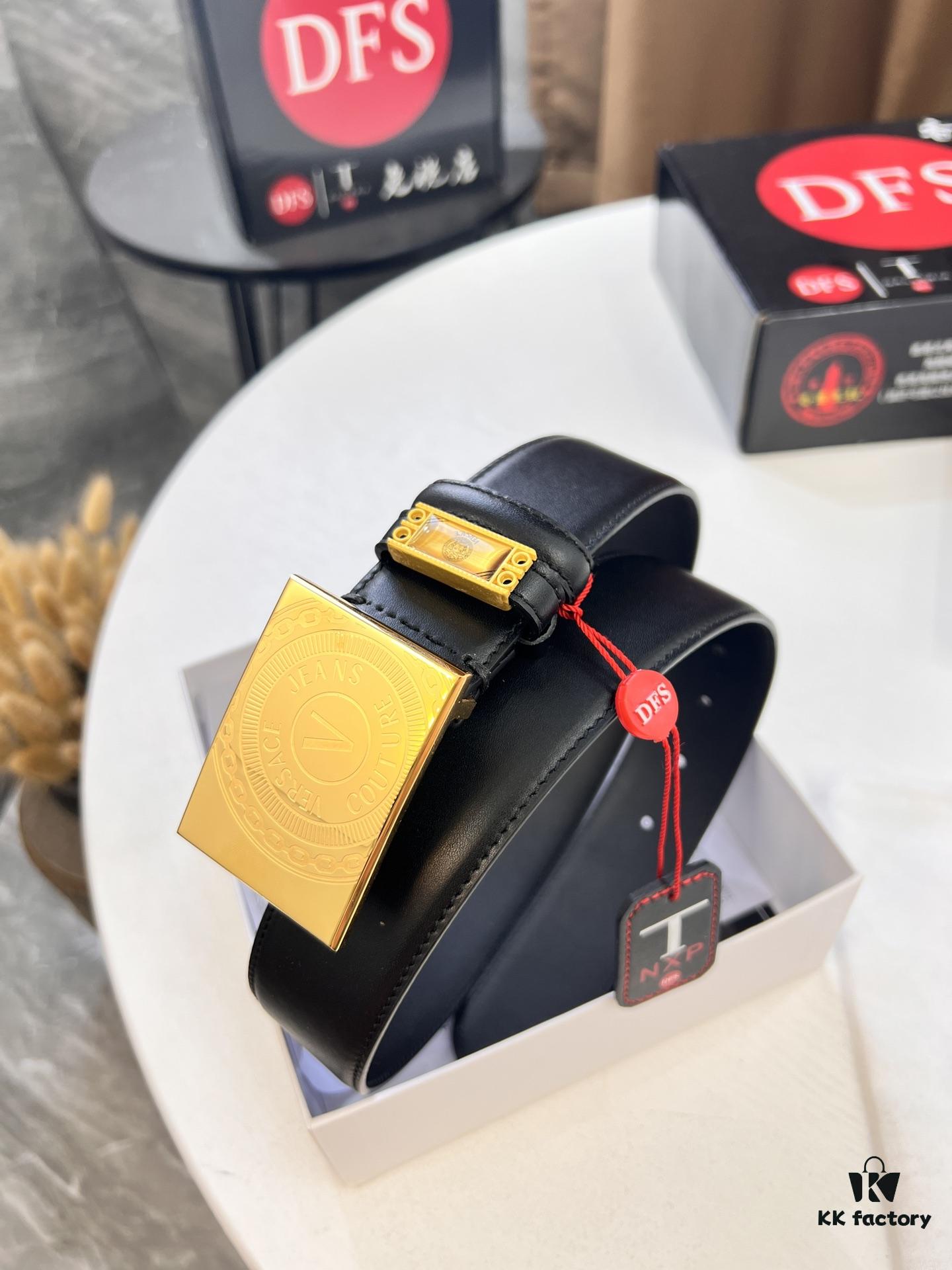 Versace Belt, Original Factory Order, Genuine Mold, Italian Imported Cross-grain Calfskin, 3.8cm Width, Hong Kong Tax-free Gift Box with NXP RFID Tag (Verifiable on Official Website)