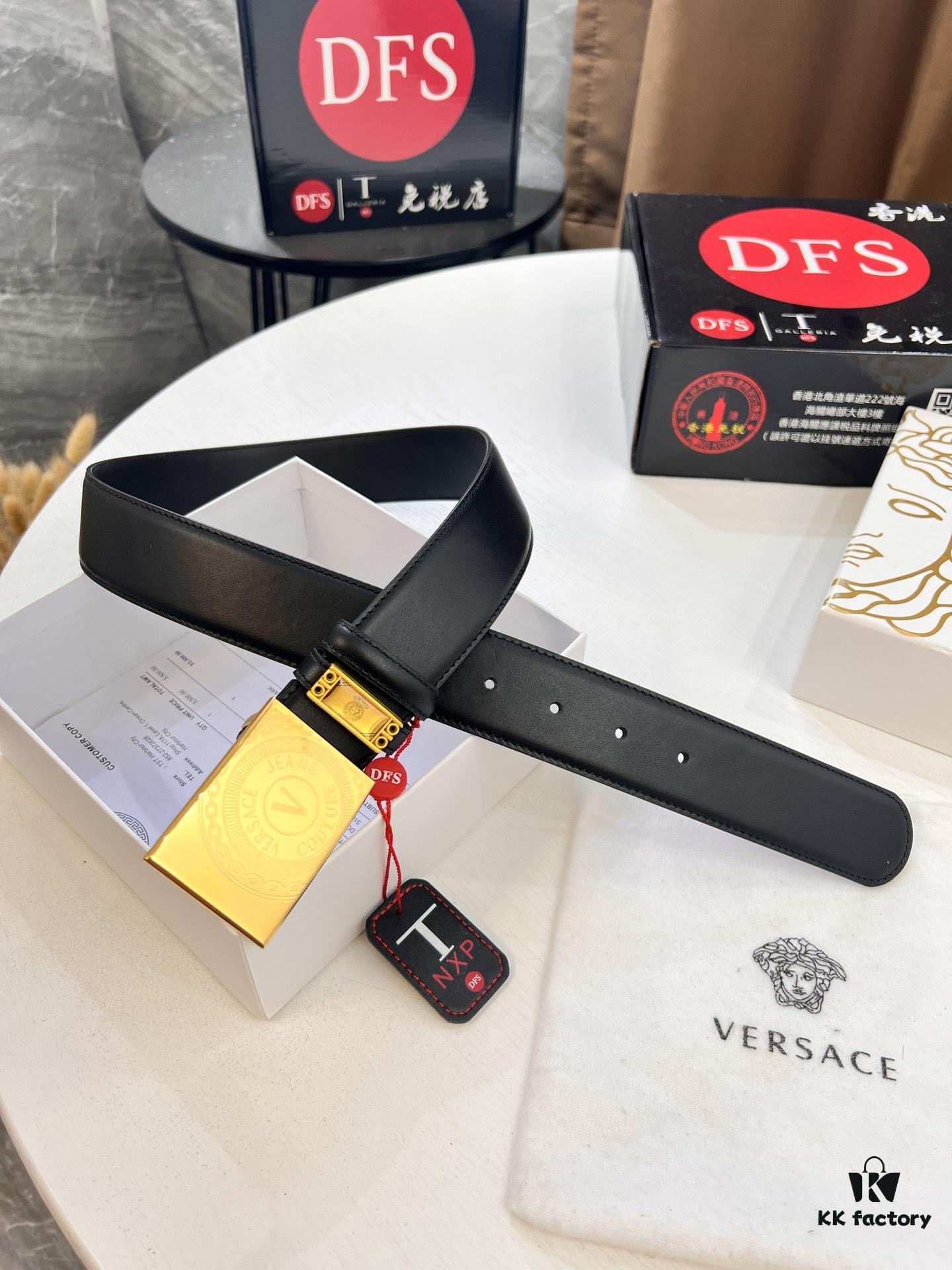 Versace Belt, Original Factory Order, Genuine Mold, Italian Imported Cross-grain Calfskin, 3.8cm Width, Hong Kong Tax-free Gift Box with NXP RFID Tag (Verifiable on Official Website)
