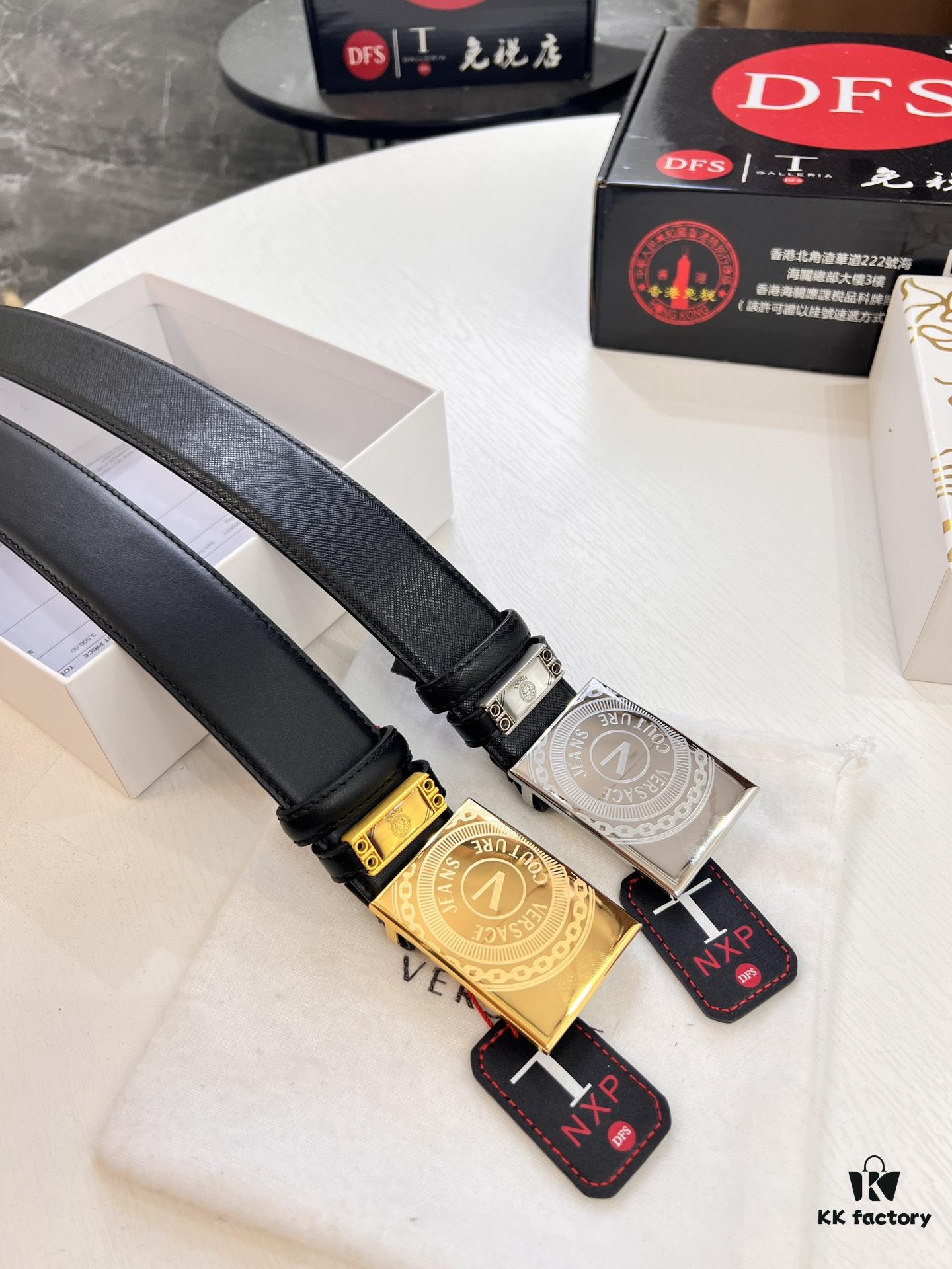 Versace Belt, Original Factory Order, Genuine Mold, Italian Imported Cross-grain Calfskin, 3.8cm Width, Hong Kong Tax-free Gift Box with NXP RFID Tag (Verifiable on Official Website)