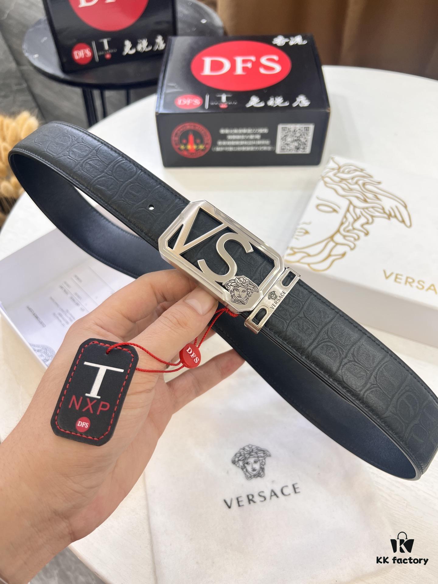 Versace-style Genuine Crocodile Grain Top-layer Calfskin Belt, Hollow Stainless Steel Hardware, 3.8cm Width, Dual-sided Wear, Fashion Showpiece