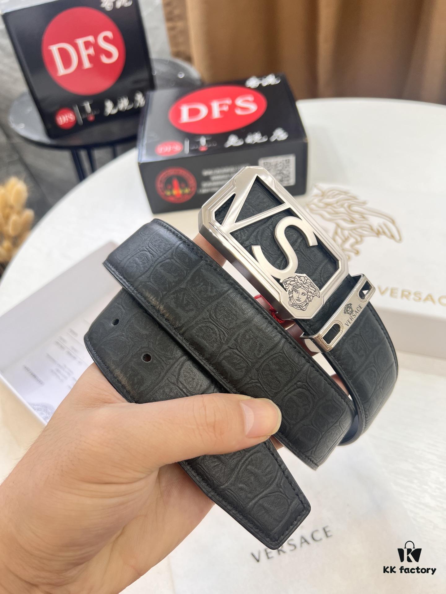 Versace-style Genuine Crocodile Grain Top-layer Calfskin Belt, Hollow Stainless Steel Hardware, 3.8cm Width, Dual-sided Wear, Fashion Showpiece