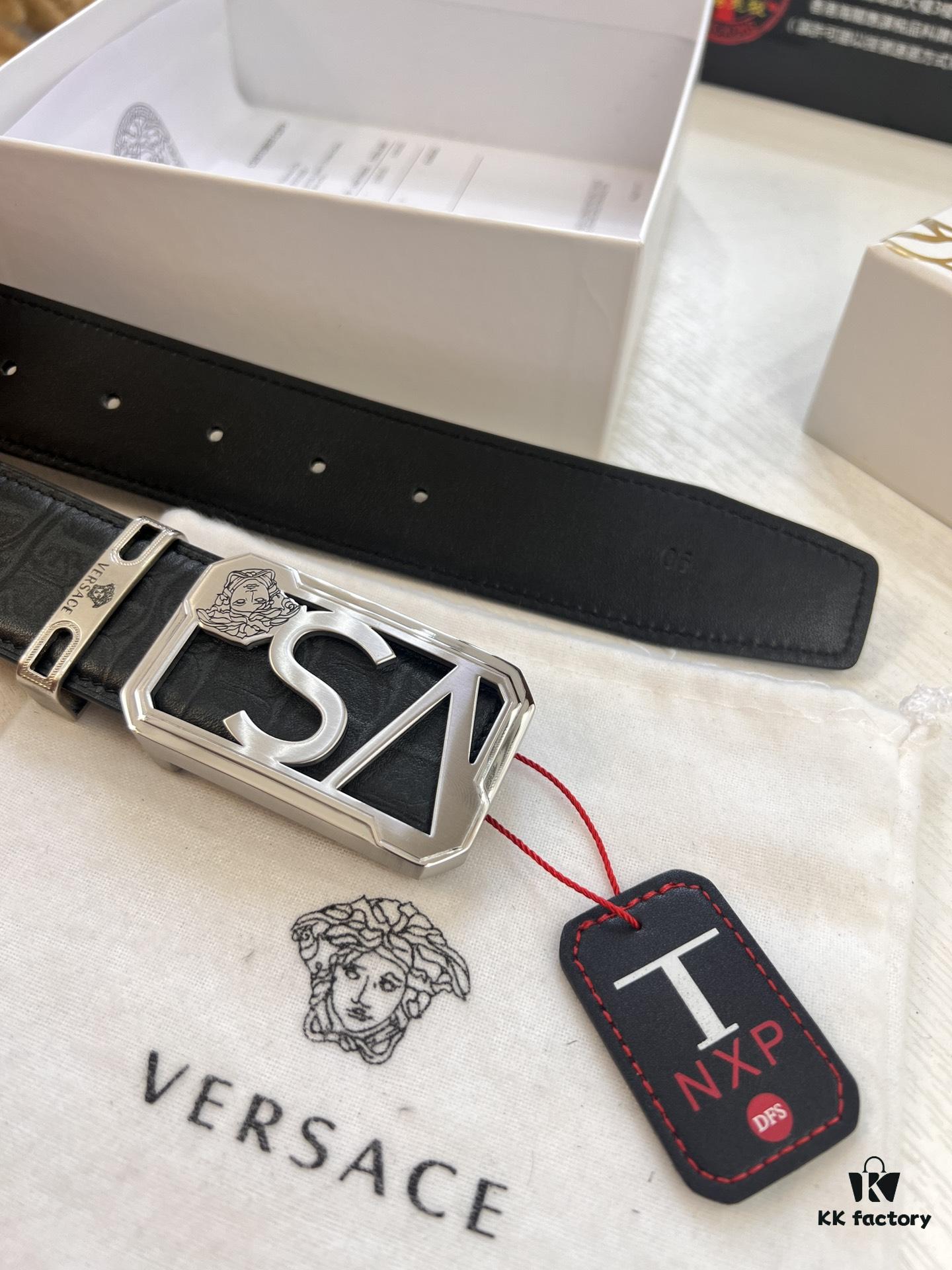 Versace-style Genuine Crocodile Grain Top-layer Calfskin Belt, Hollow Stainless Steel Hardware, 3.8cm Width, Dual-sided Wear, Fashion Showpiece