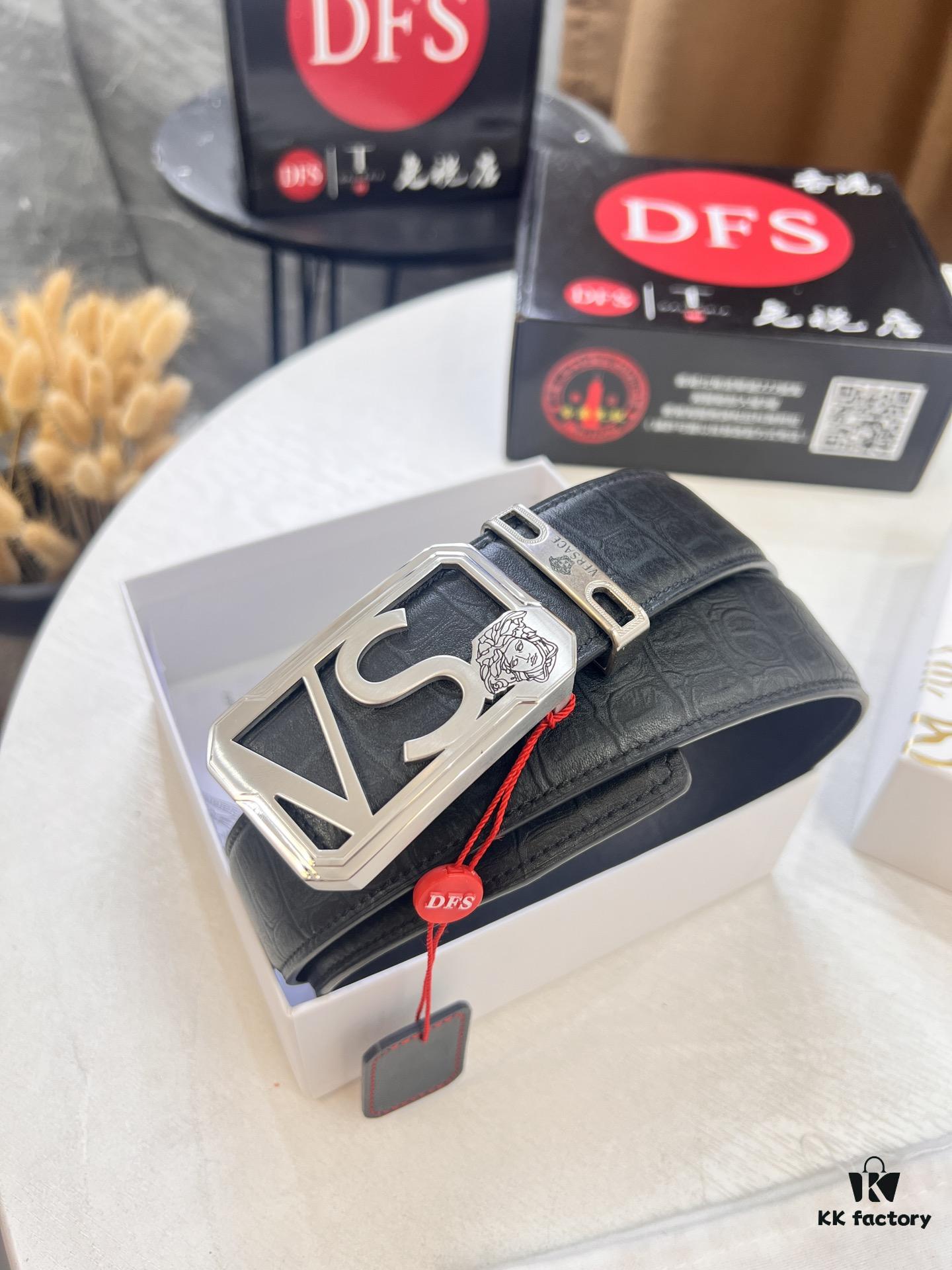 Versace-style Genuine Crocodile Grain Top-layer Calfskin Belt, Hollow Stainless Steel Hardware, 3.8cm Width, Dual-sided Wear, Fashion Showpiece