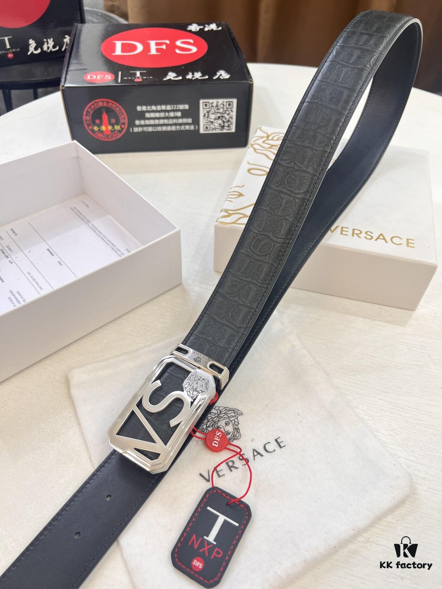 Versace-style Genuine Crocodile Grain Top-layer Calfskin Belt, Hollow Stainless Steel Hardware, 3.8cm Width, Dual-sided Wear, Fashion Showpiece