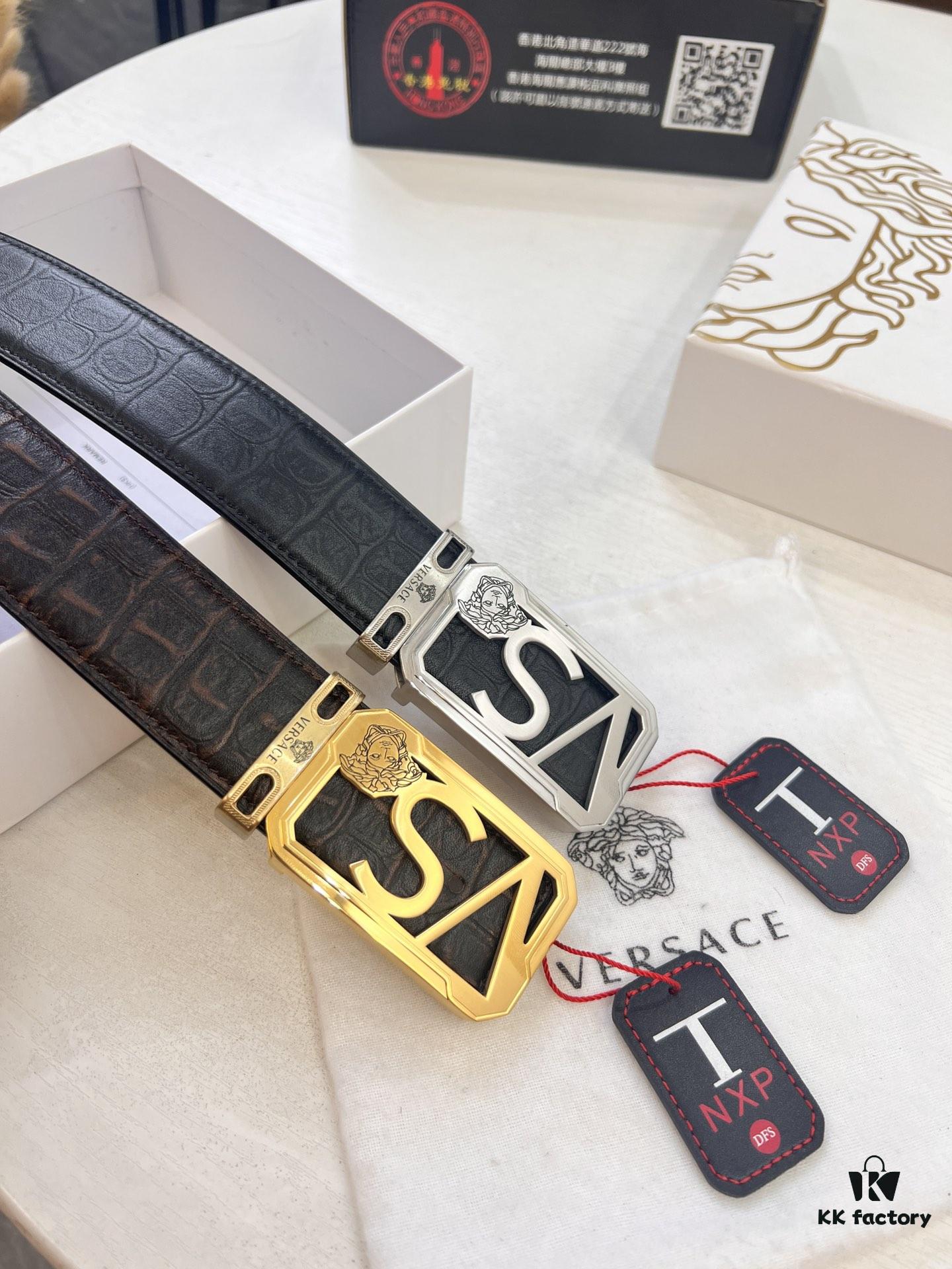 Versace-style Genuine Crocodile Grain Top-layer Calfskin Belt, Hollow Stainless Steel Hardware, 3.8cm Width, Dual-sided Wear, Fashion Showpiece