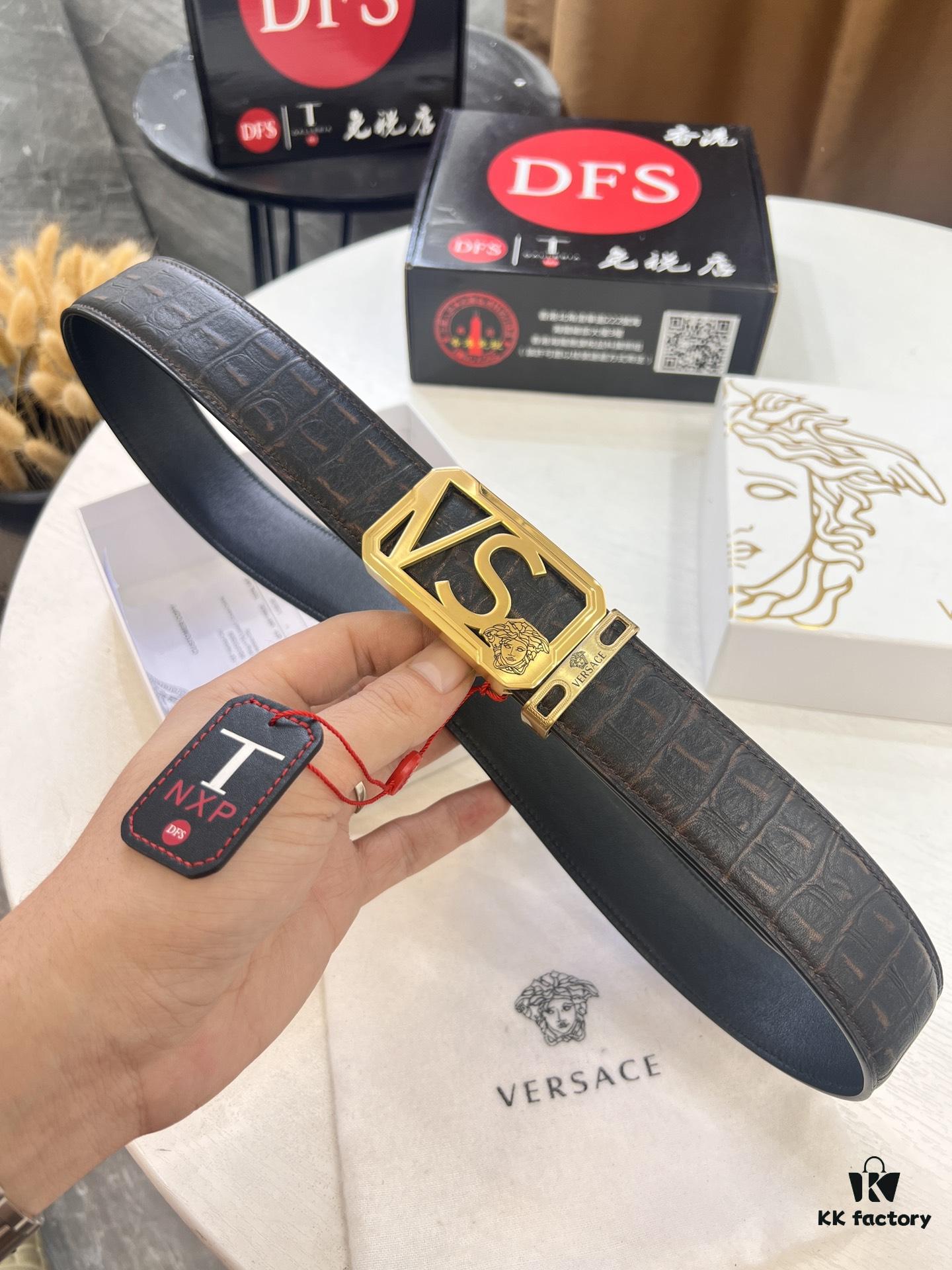 Versace-style Genuine Crocodile Grain Top-layer Calfskin Belt, Hollow Stainless Steel Hardware, Original Factory Direct Supply