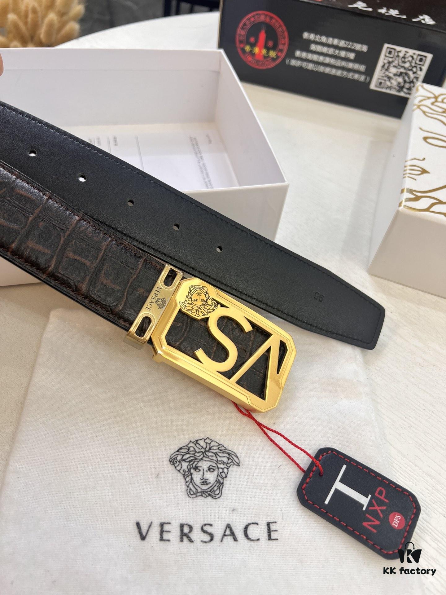 Versace-style Genuine Crocodile Grain Top-layer Calfskin Belt, Hollow Stainless Steel Hardware, Original Factory Direct Supply