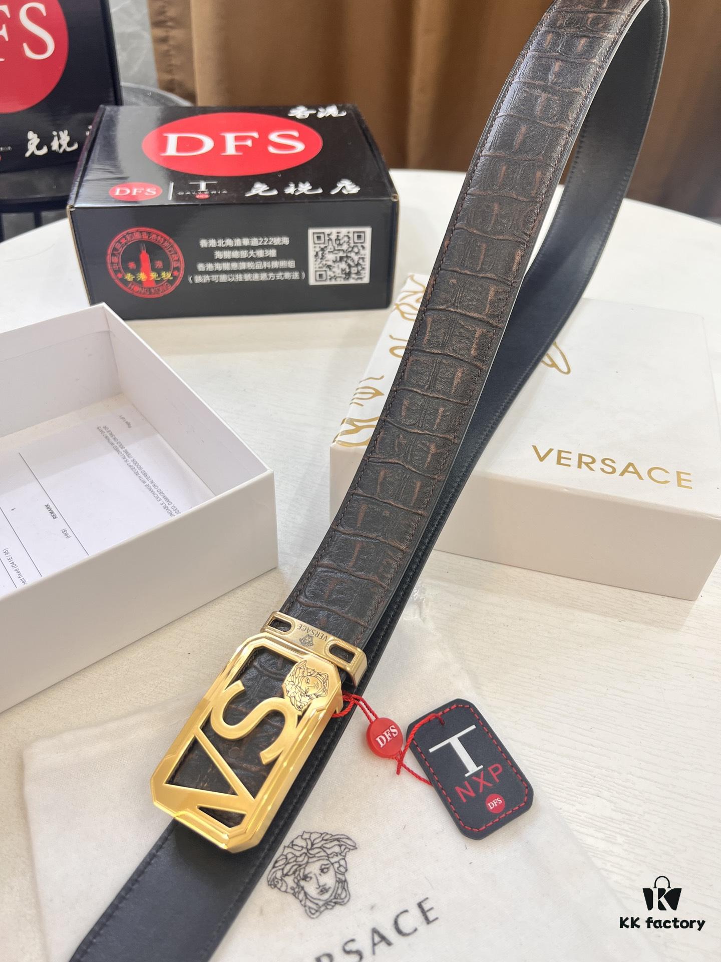 Versace-style Genuine Crocodile Grain Top-layer Calfskin Belt, Hollow Stainless Steel Hardware, Original Factory Direct Supply