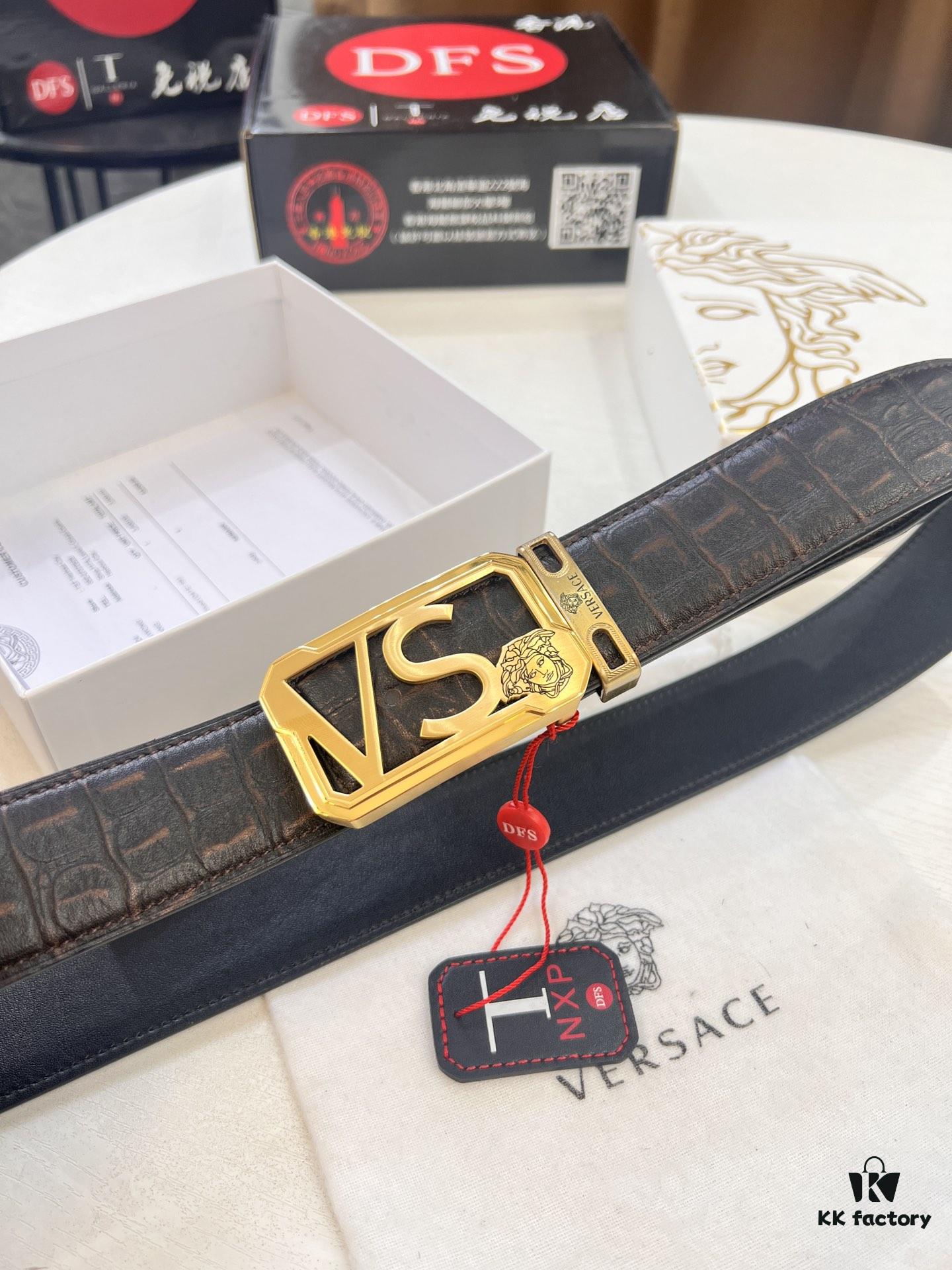 Versace-style Genuine Crocodile Grain Top-layer Calfskin Belt, Hollow Stainless Steel Hardware, Original Factory Direct Supply