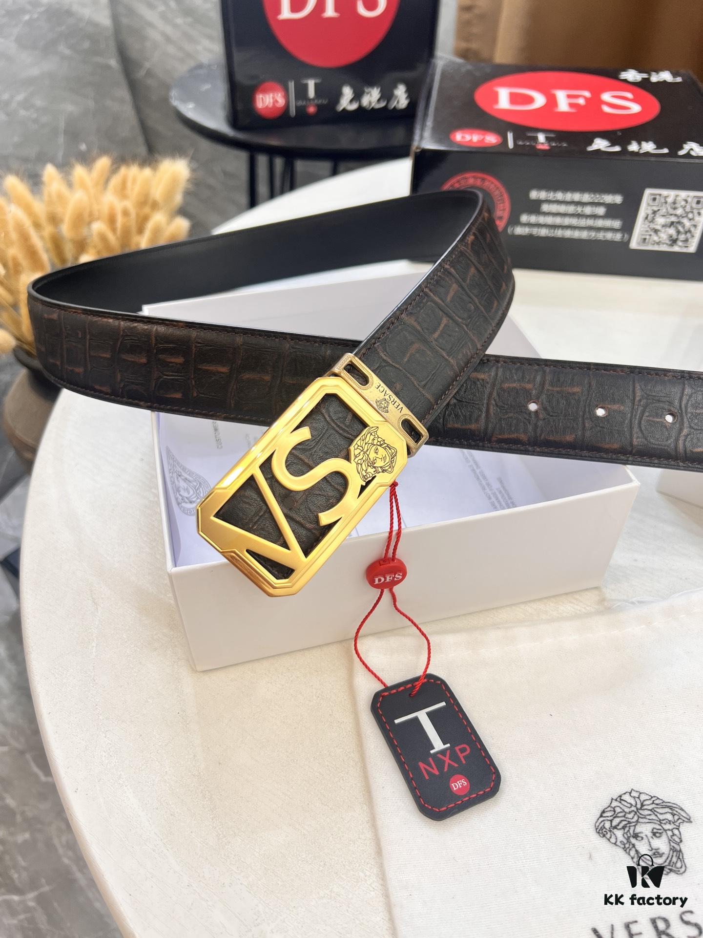 Versace-style Genuine Crocodile Grain Top-layer Calfskin Belt, Hollow Stainless Steel Hardware, Original Factory Direct Supply