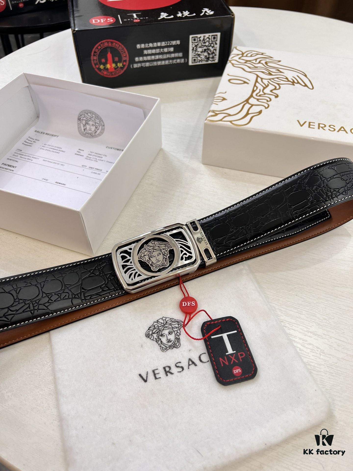 Versace Belt, New Arrival, Genuine Top-Layer Cowhide with Medusa Embossed Head, Fashion Streetwear Style, Soft Leather Texture, 3.8cm Width, Premium Quality with NXP Anti-Counterfeit Chip